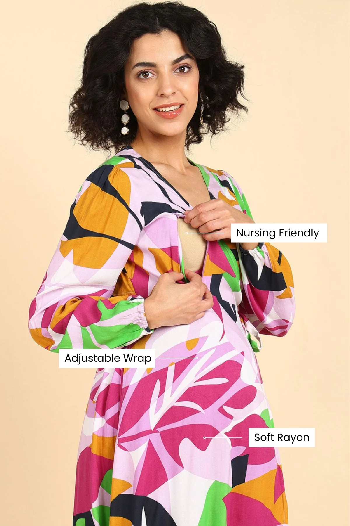 Abstract Tropical Petal-Shaped Rayon Maternity Dress - Image 4