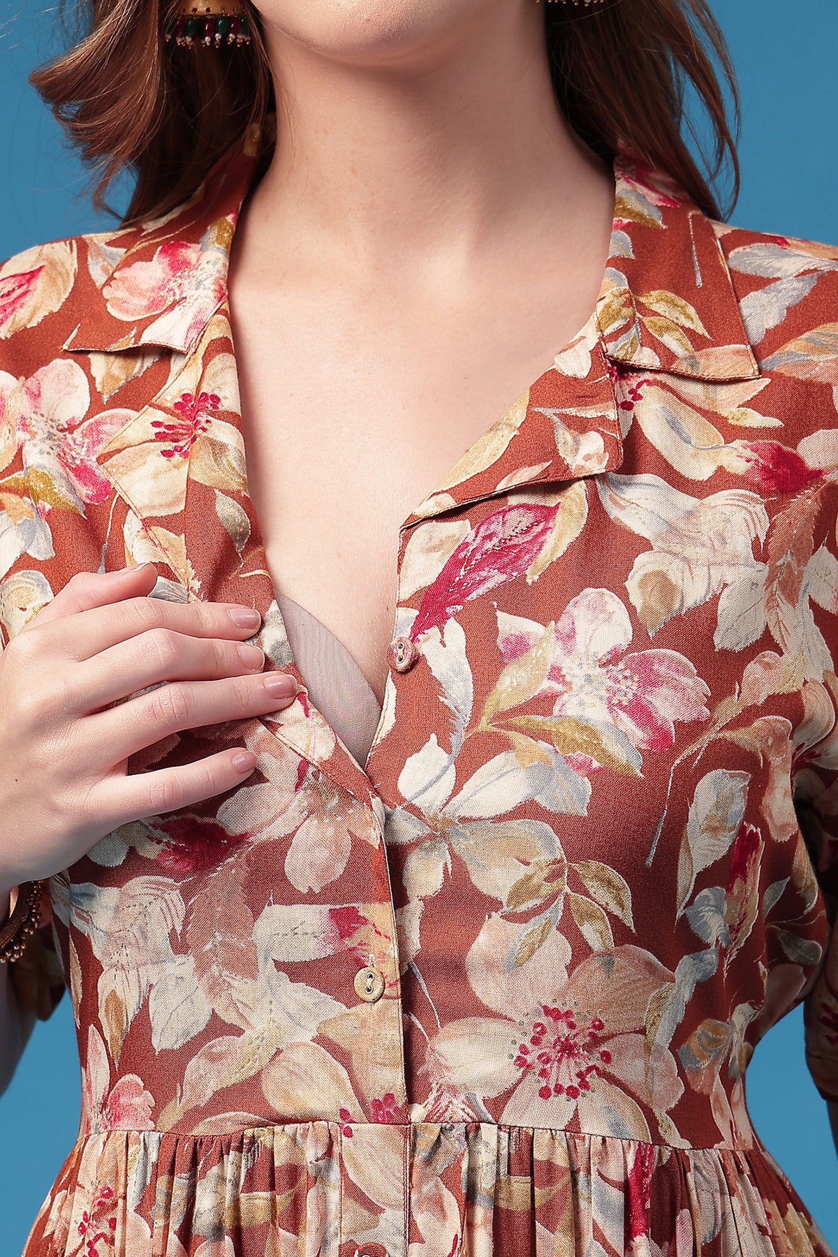All Over Floral Printed Zipless Feeding Shirt Dress - Red - Image 2