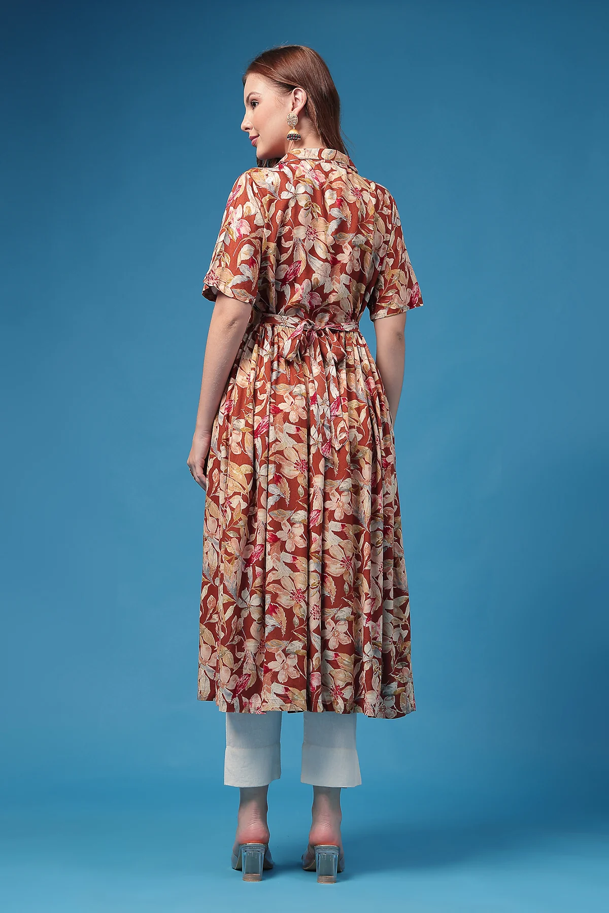 All Over Floral Printed Zipless Feeding Shirt Dress - Red - Image 3