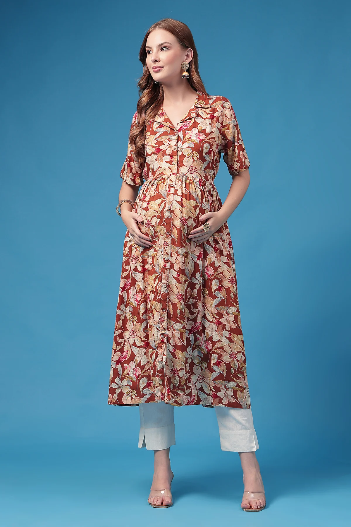 All Over Floral Printed Zipless Feeding Shirt Dress - Red - Image 4