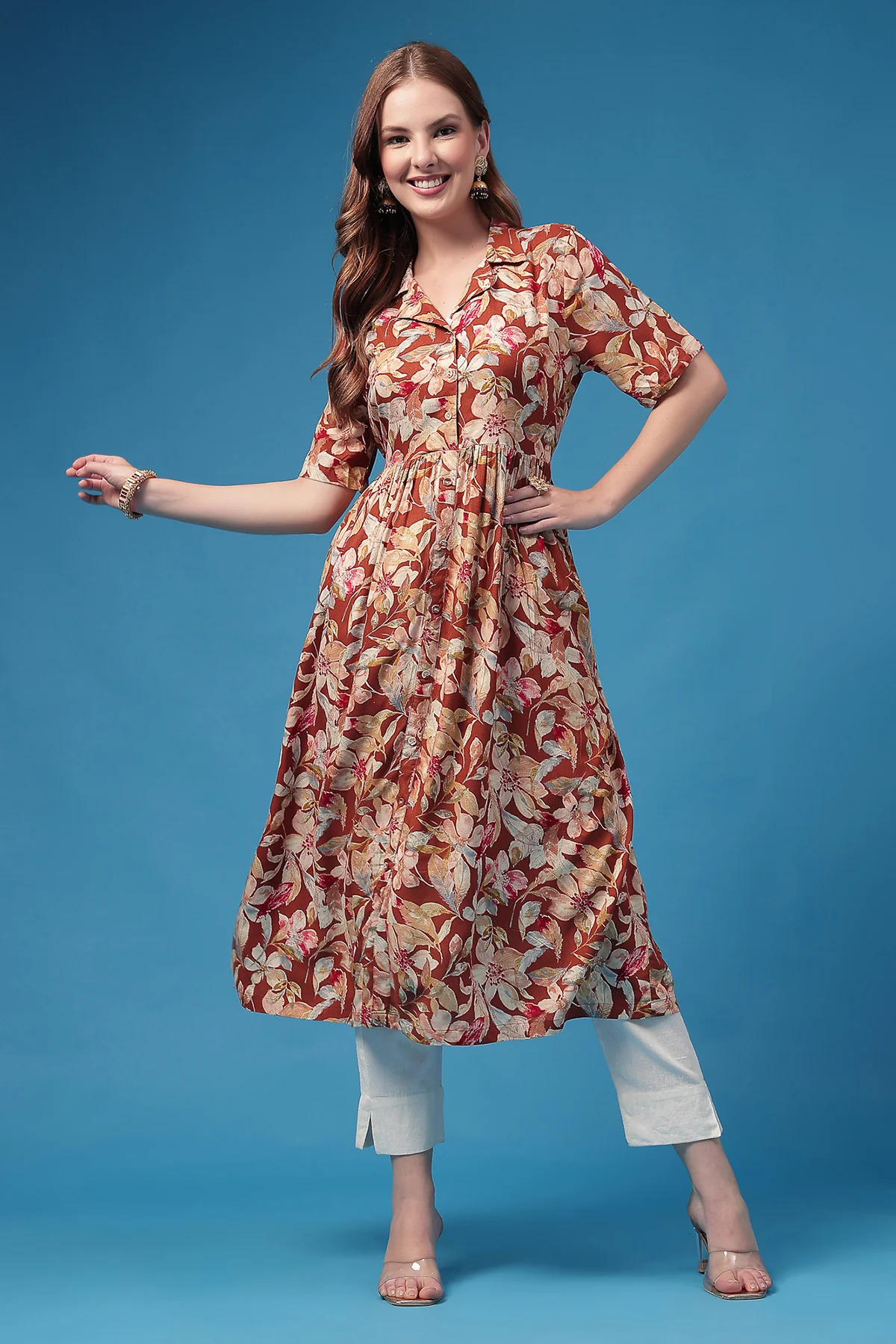 All Over Floral Printed Zipless Feeding Shirt Dress - Red - Image 5