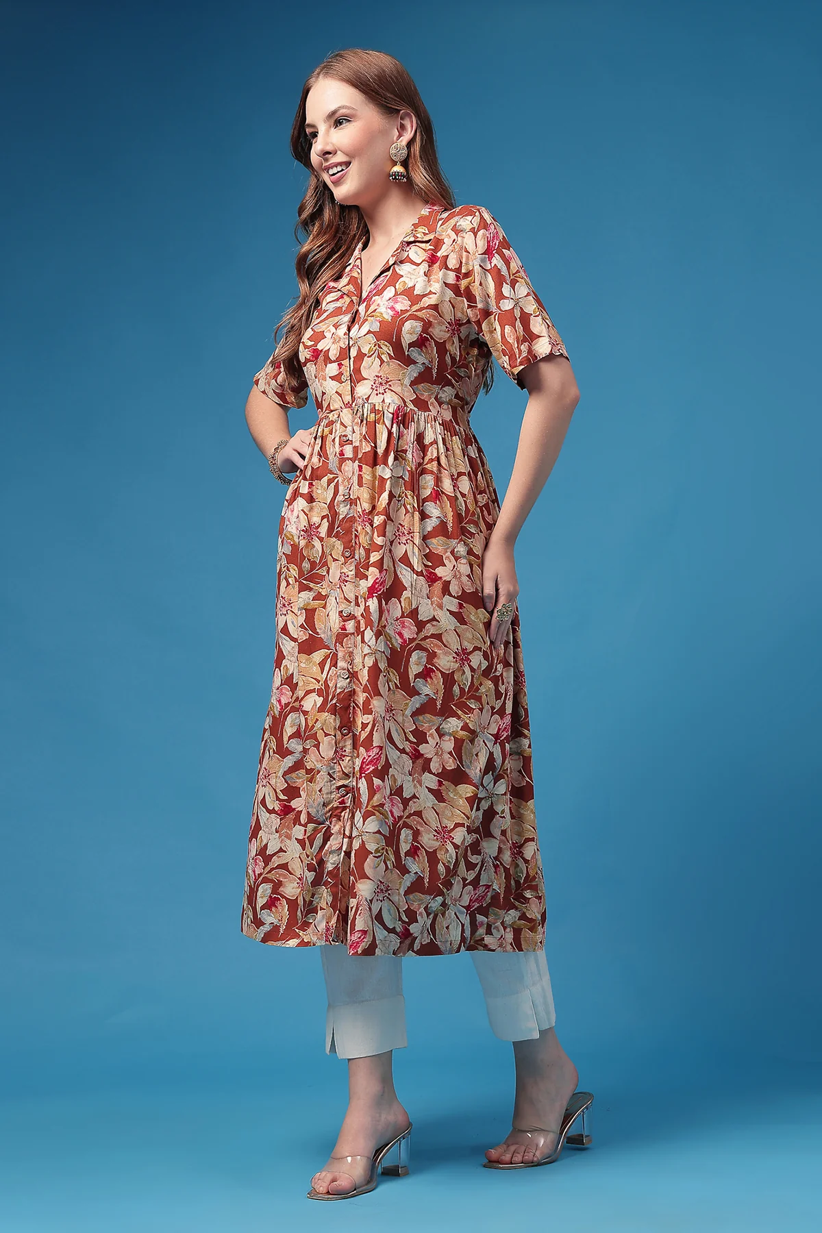 All Over Floral Printed Zipless Feeding Shirt Dress - Red - Image 6