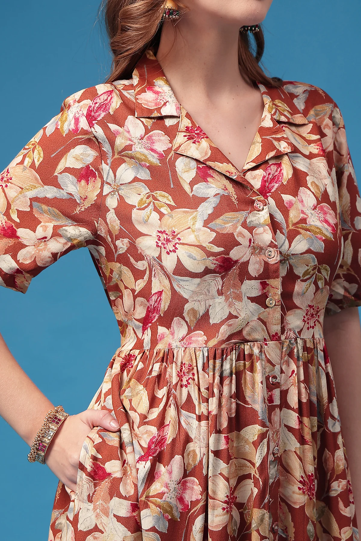 All Over Floral Printed Zipless Feeding Shirt Dress - Red - Image 7