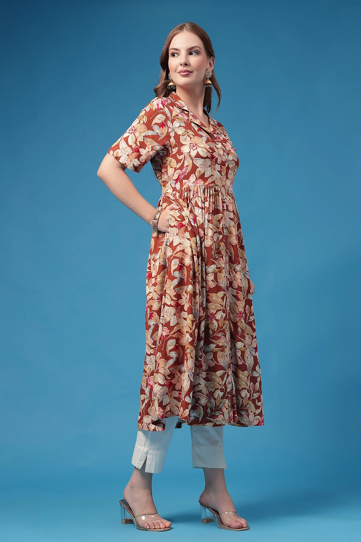 All Over Floral Printed Zipless Feeding Shirt Dress - Red - Image 8