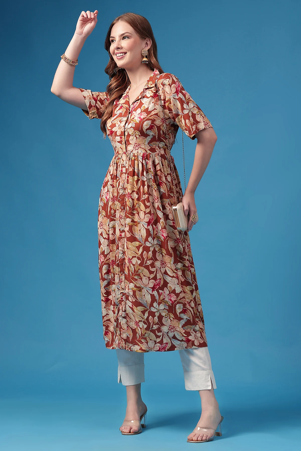 All Over Floral Printed Zipless Feeding Shirt Dress - Red - Image 9