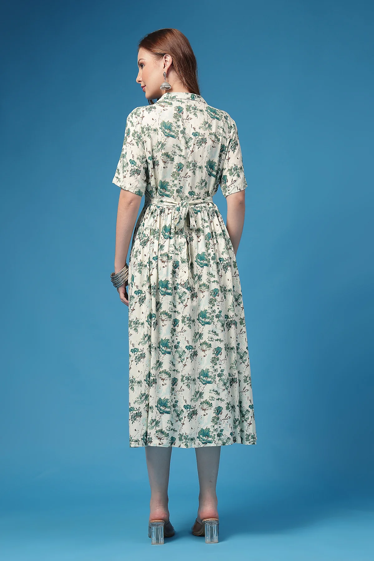 All Over Floral Printed Zipless Feeding Shirt Dress - Sky Blue - Image 3