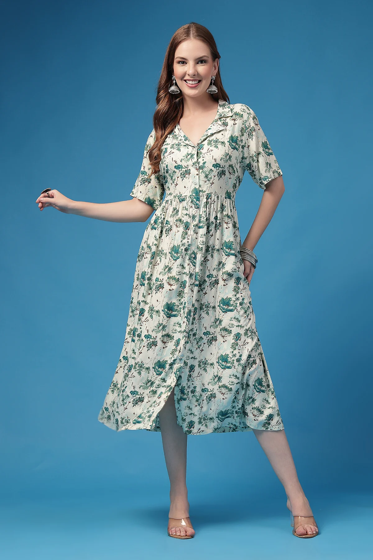 All Over Floral Printed Zipless Feeding Shirt Dress - Sky Blue - Image 4