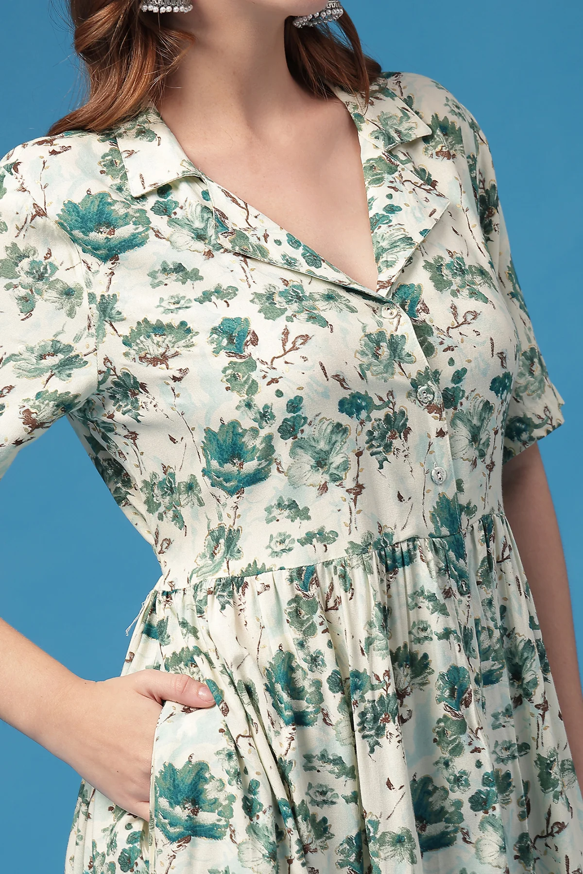 All Over Floral Printed Zipless Feeding Shirt Dress - Sky Blue - Image 5