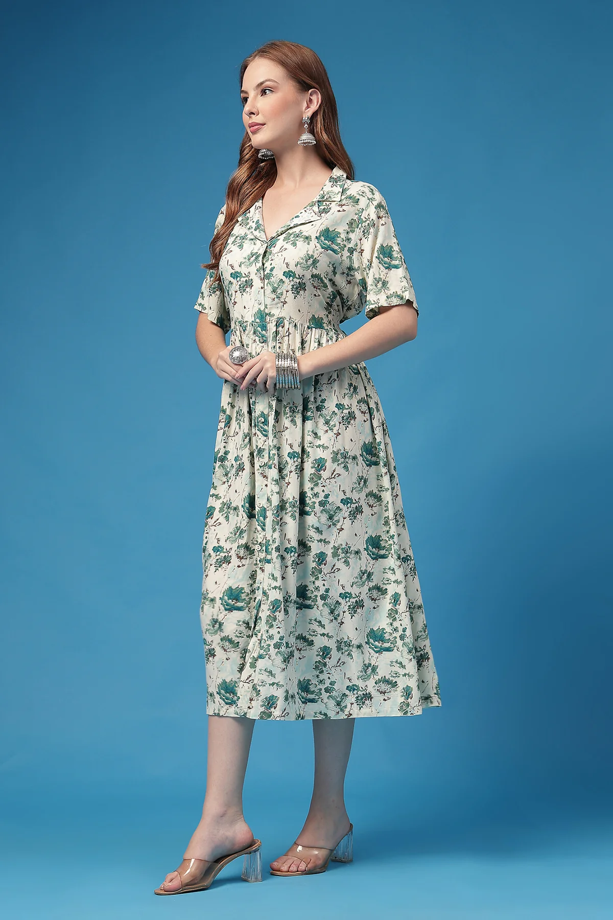 All Over Floral Printed Zipless Feeding Shirt Dress - Sky Blue - Image 6