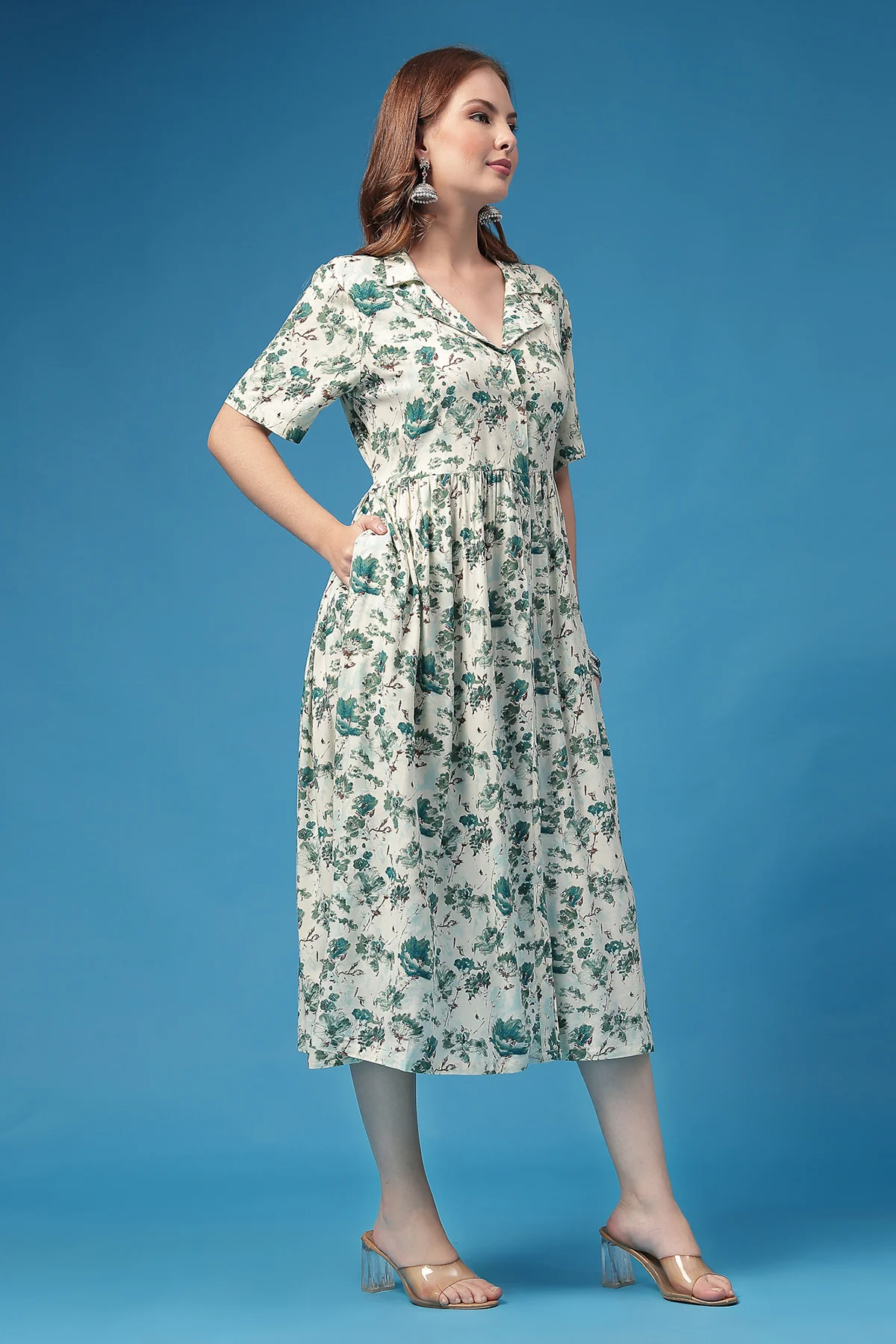 All Over Floral Printed Zipless Feeding Shirt Dress - Sky Blue - Image 7
