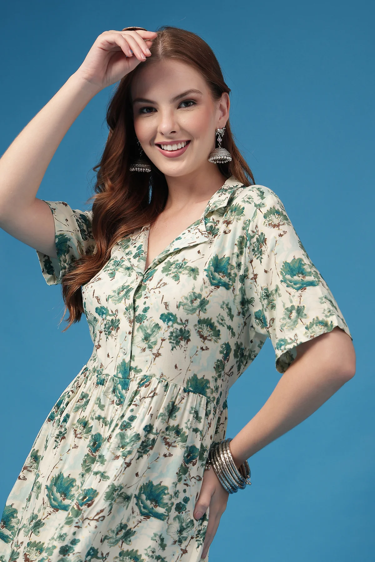 All Over Floral Printed Zipless Feeding Shirt Dress - Sky Blue - Image 8
