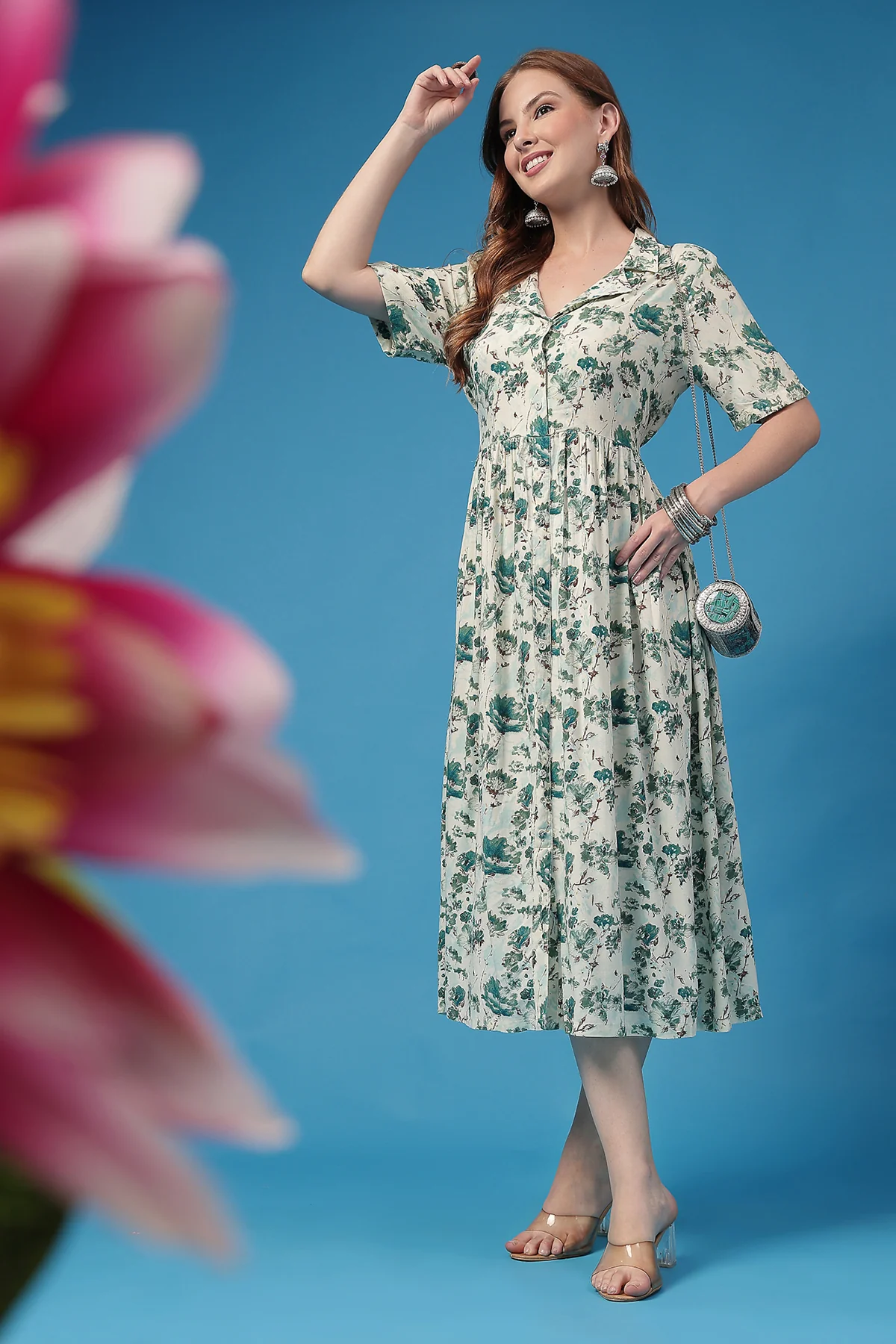 All Over Floral Printed Zipless Feeding Shirt Dress - Sky Blue - Image 9