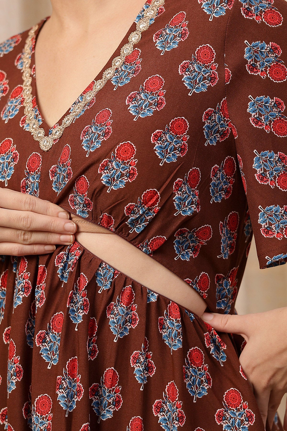 All Over Printed Concealed Zip Feeding Maternity Dress - Brown - Image 2