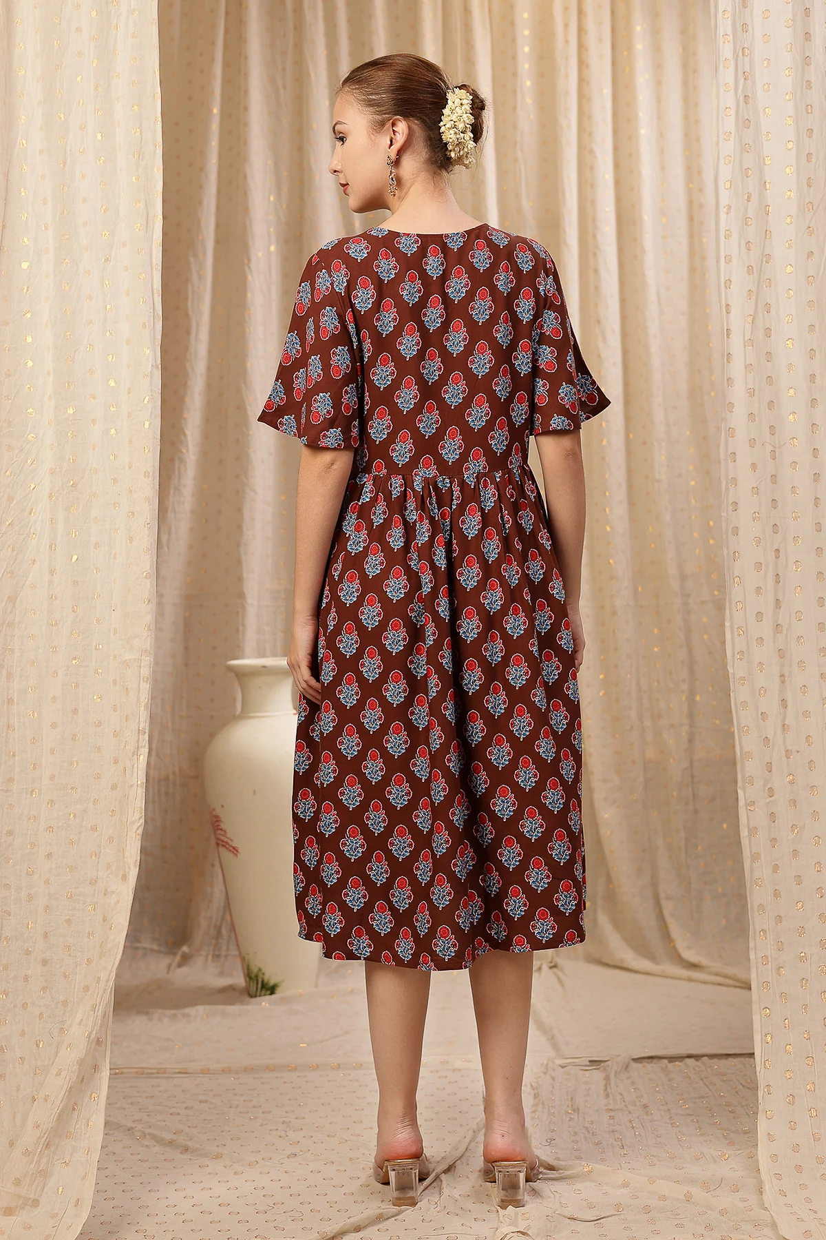 All Over Printed Concealed Zip Feeding Maternity Dress - Brown - Image 3