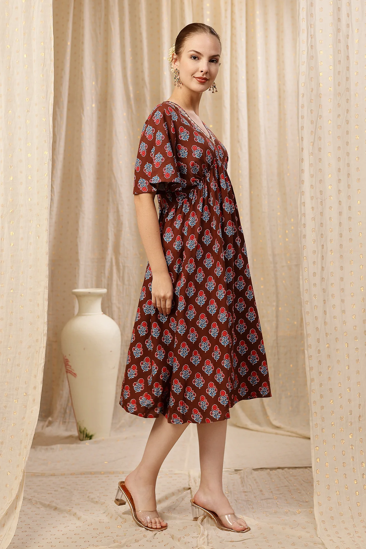 All Over Printed Concealed Zip Feeding Maternity Dress - Brown - Image 4