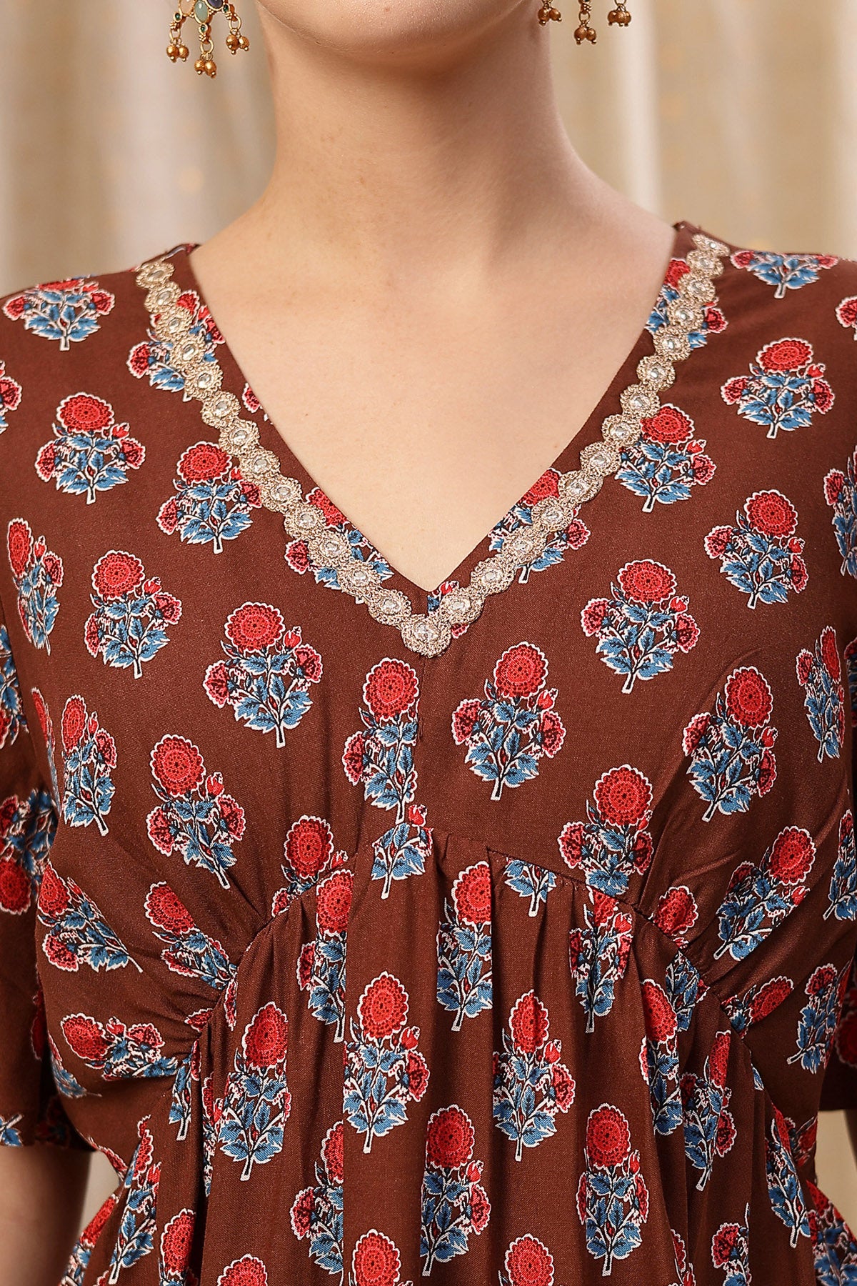 All Over Printed Concealed Zip Feeding Maternity Dress - Brown - Image 5