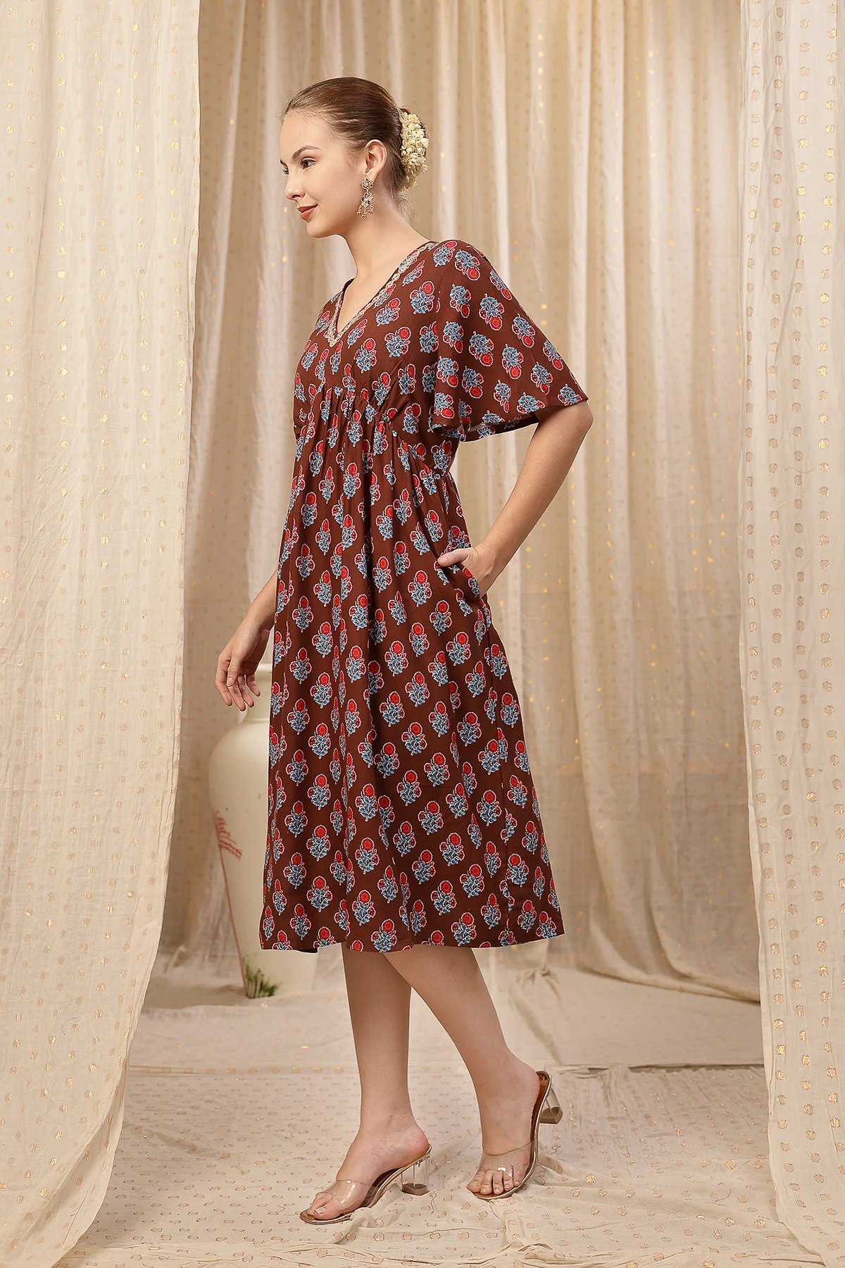 All Over Printed Concealed Zip Feeding Maternity Dress - Brown - Image 6
