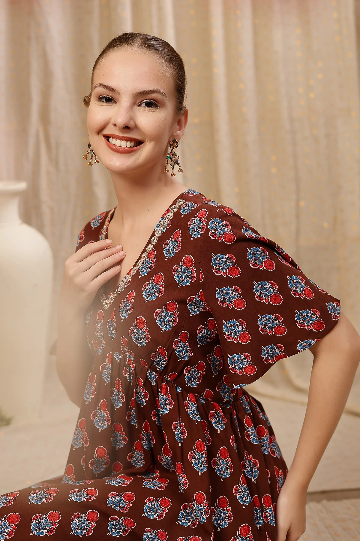 All Over Printed Concealed Zip Feeding Maternity Dress - Brown - Image 7