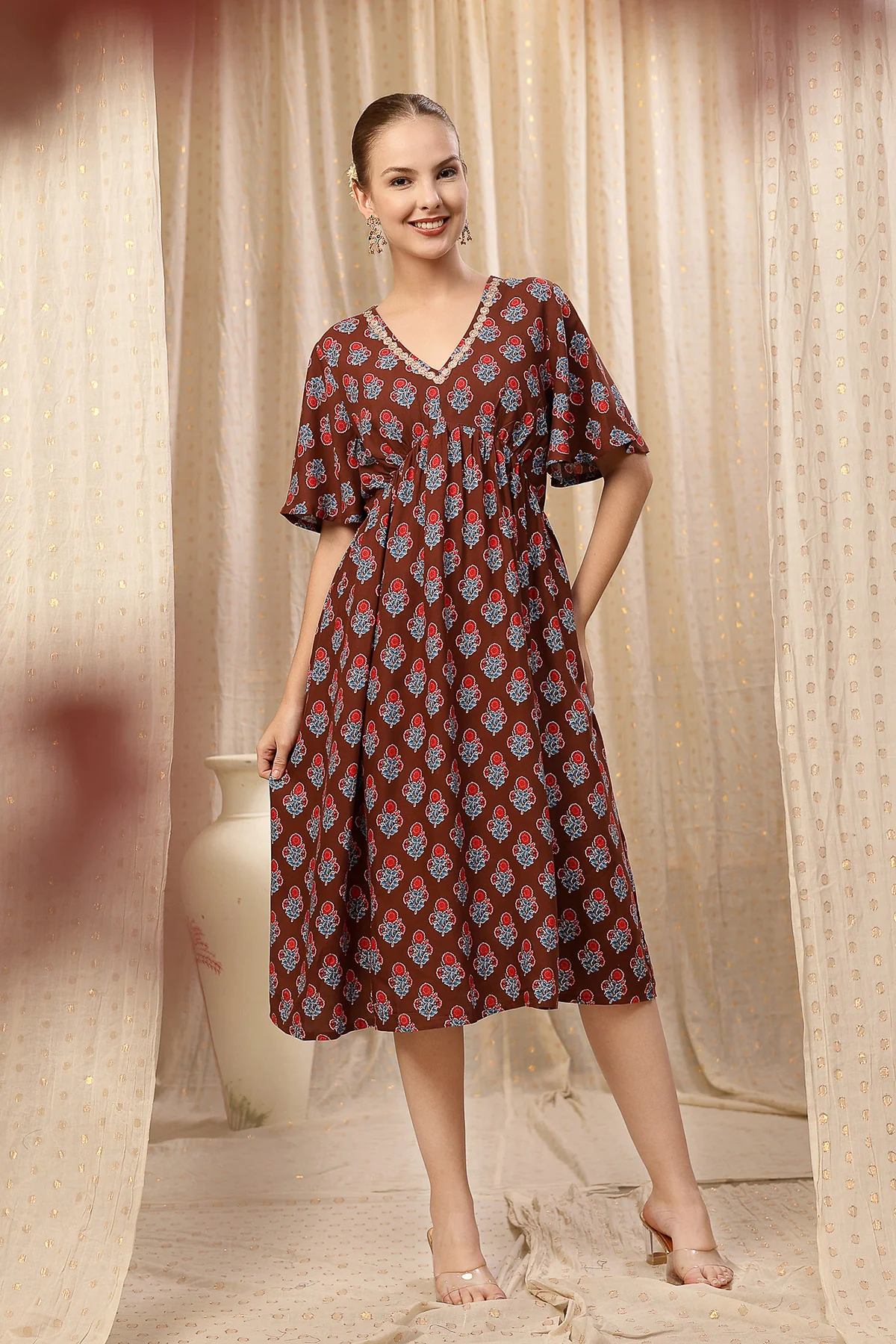 All Over Printed Concealed Zip Feeding Maternity Dress - Brown - Image 8