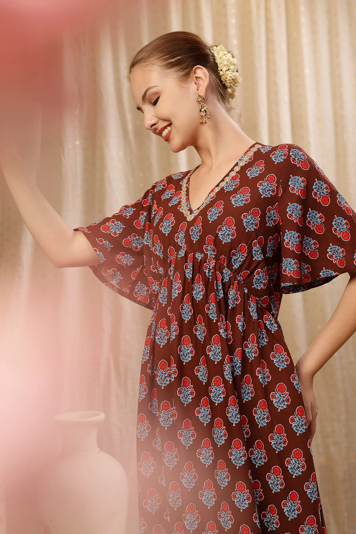 All Over Printed Concealed Zip Feeding Maternity Dress - Brown - Image 9