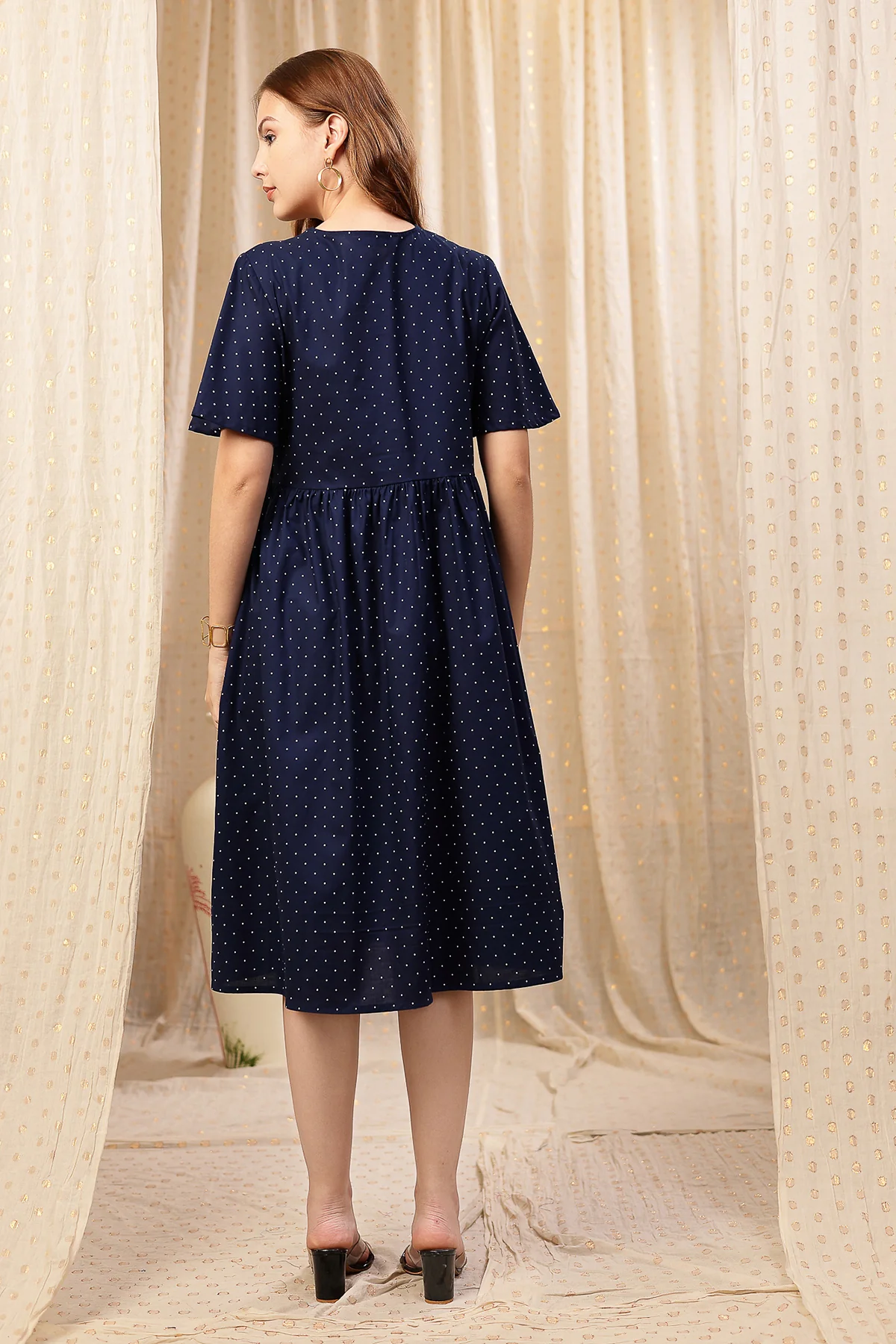 All Over Printed Concealed Zip Feeding Maternity Dress - Navy Blue - Image 3
