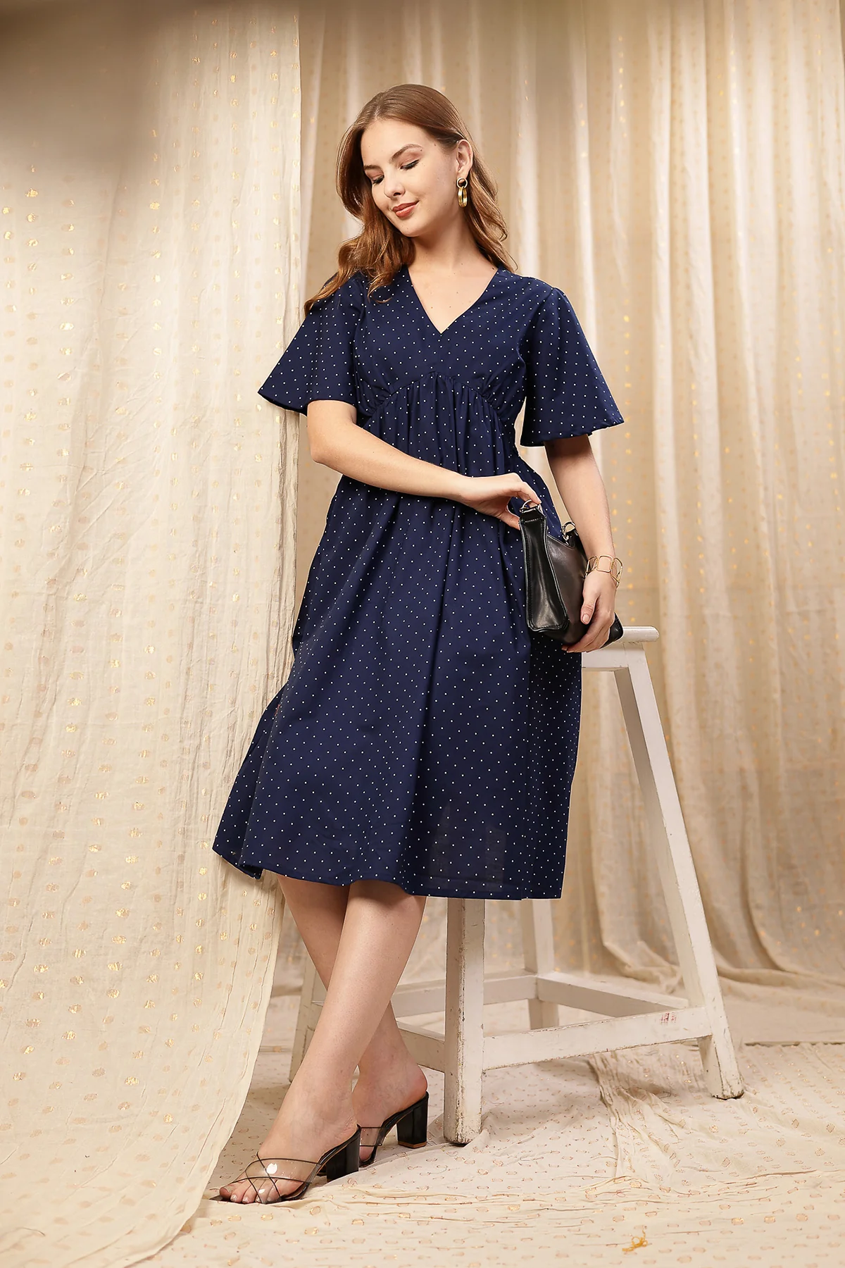All Over Printed Concealed Zip Feeding Maternity Dress - Navy Blue - Image 4