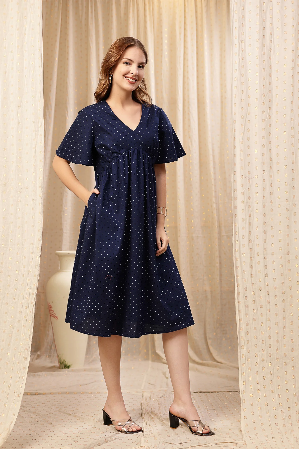 All Over Printed Concealed Zip Feeding Maternity Dress - Navy Blue - Image 8