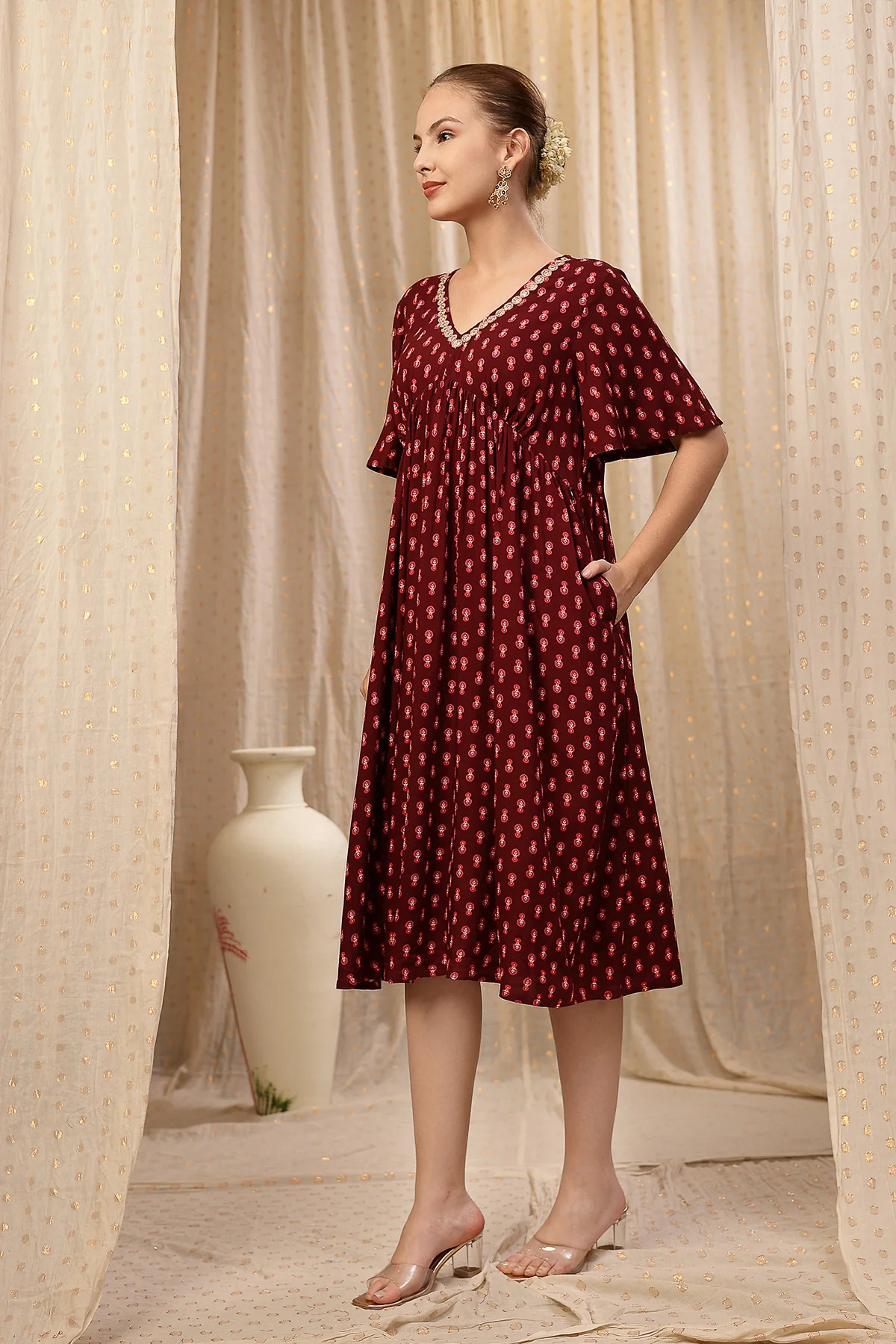 All Over Printed Concealed Zip Feeding Maternity Dress - Rust Brown - Image 10