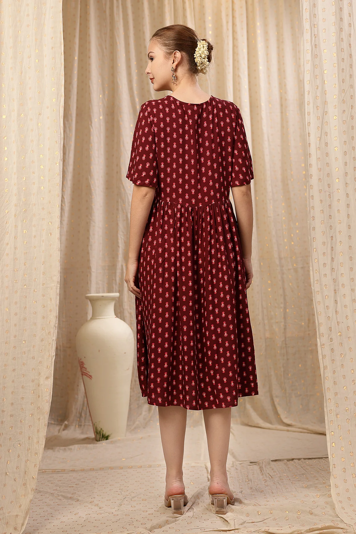 All Over Printed Concealed Zip Feeding Maternity Dress - Rust Brown - Image 3