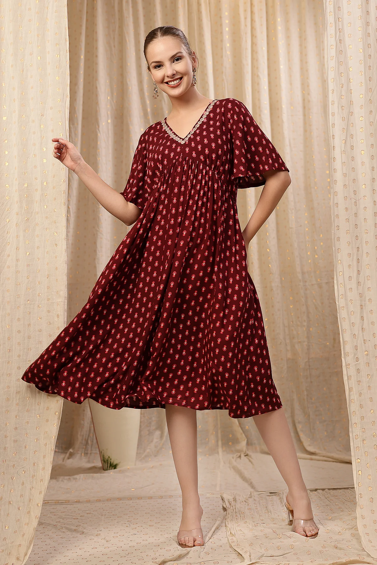 All Over Printed Concealed Zip Feeding Maternity Dress - Rust Brown - Image 4