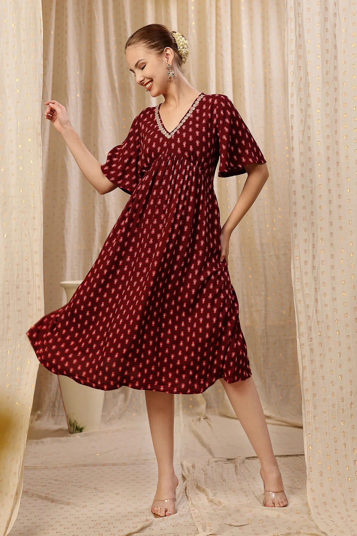 All Over Printed Concealed Zip Feeding Maternity Dress - Rust Brown - Image 8