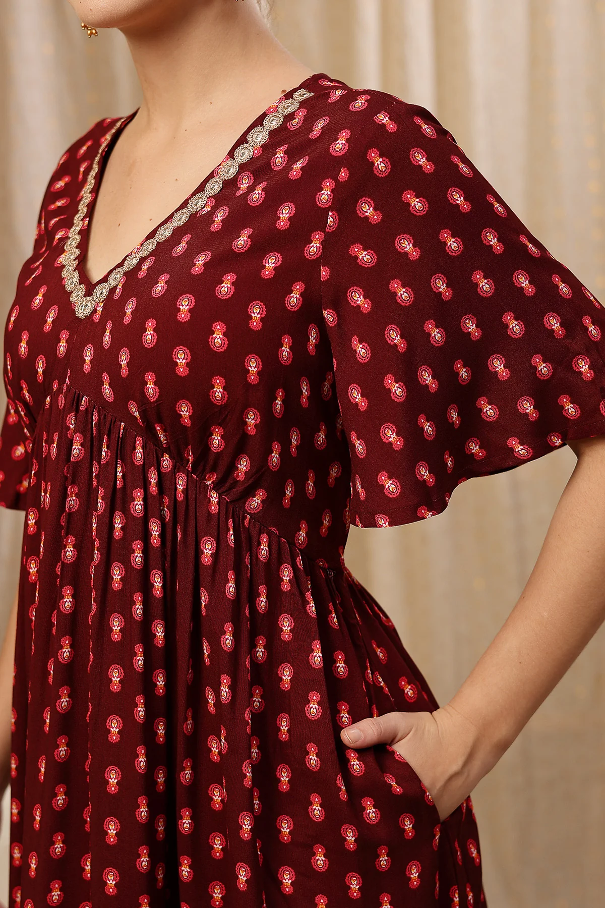 All Over Printed Concealed Zip Feeding Maternity Dress - Rust Brown - Image 9