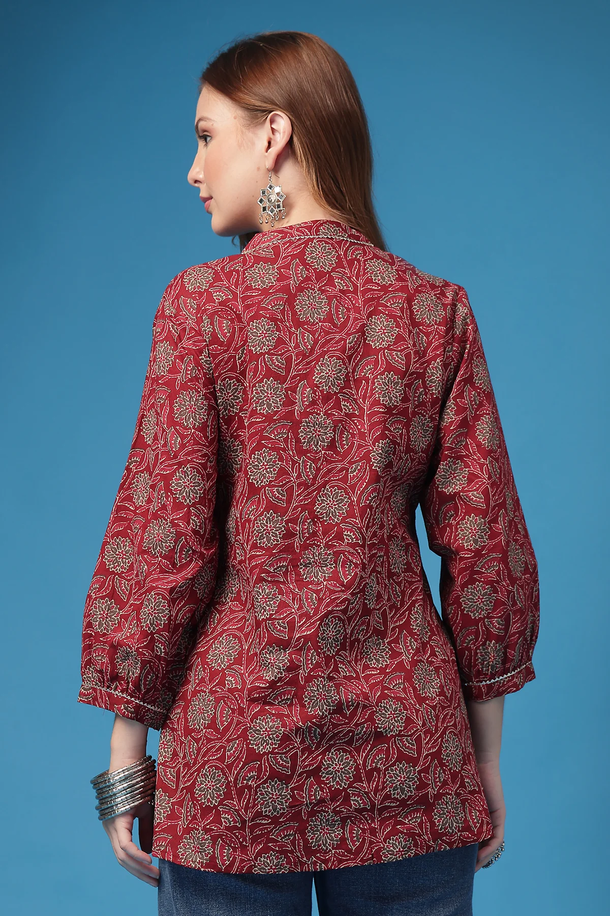 All Over Printed Zipless Feeding Pleated Top - Burgundy - Image 3