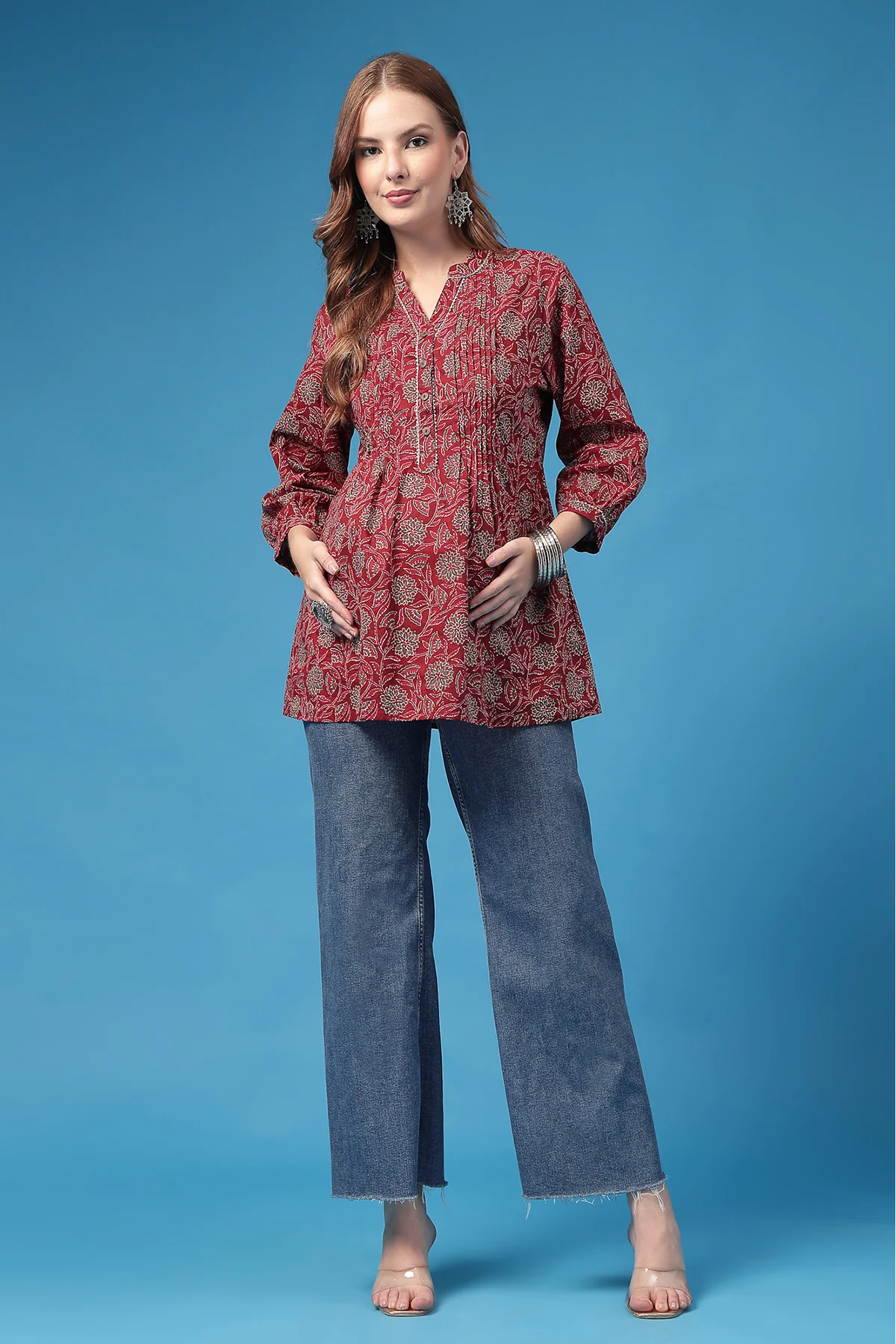 All Over Printed Zipless Feeding Pleated Top - Burgundy - Image 4