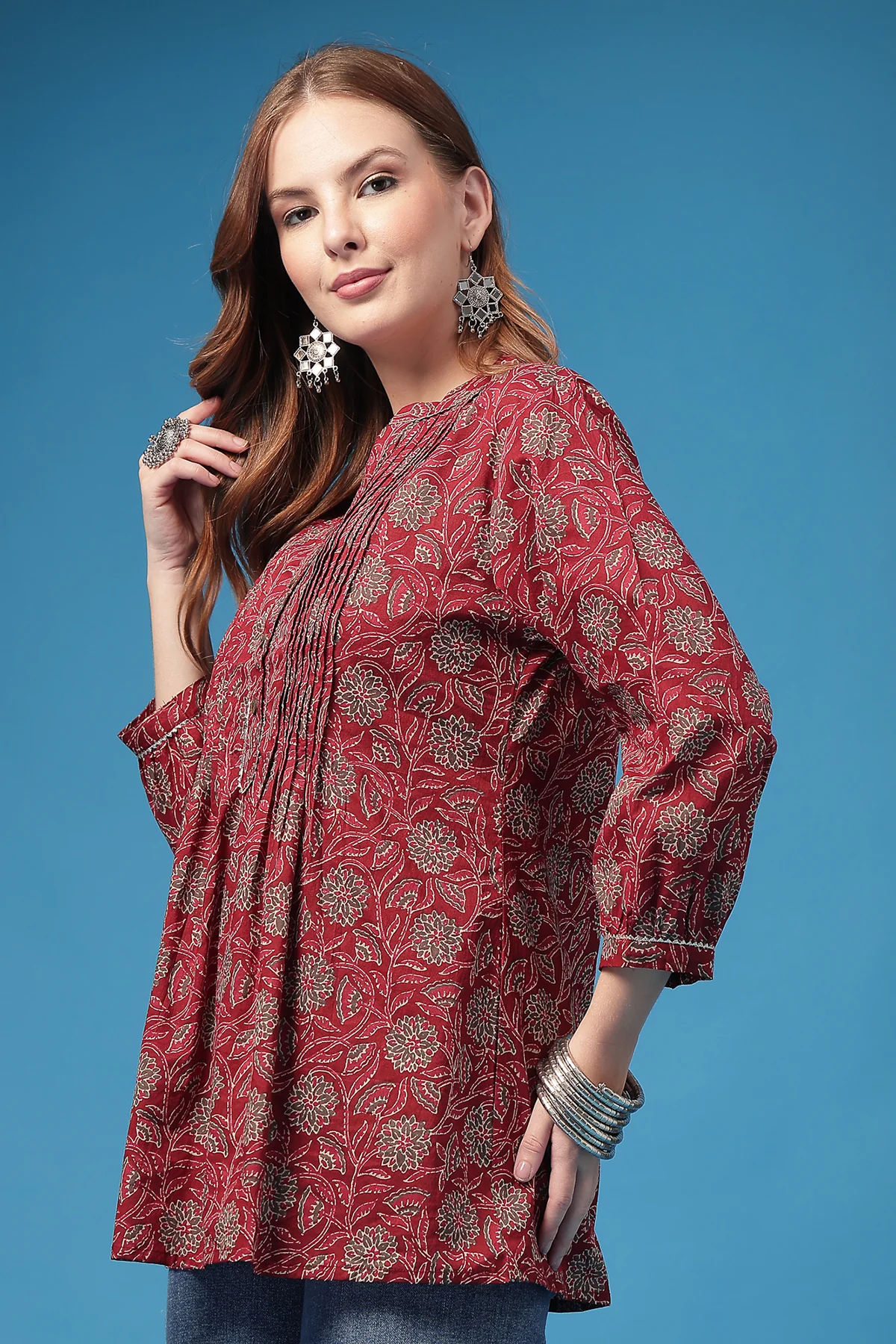All Over Printed Zipless Feeding Pleated Top - Burgundy - Image 5