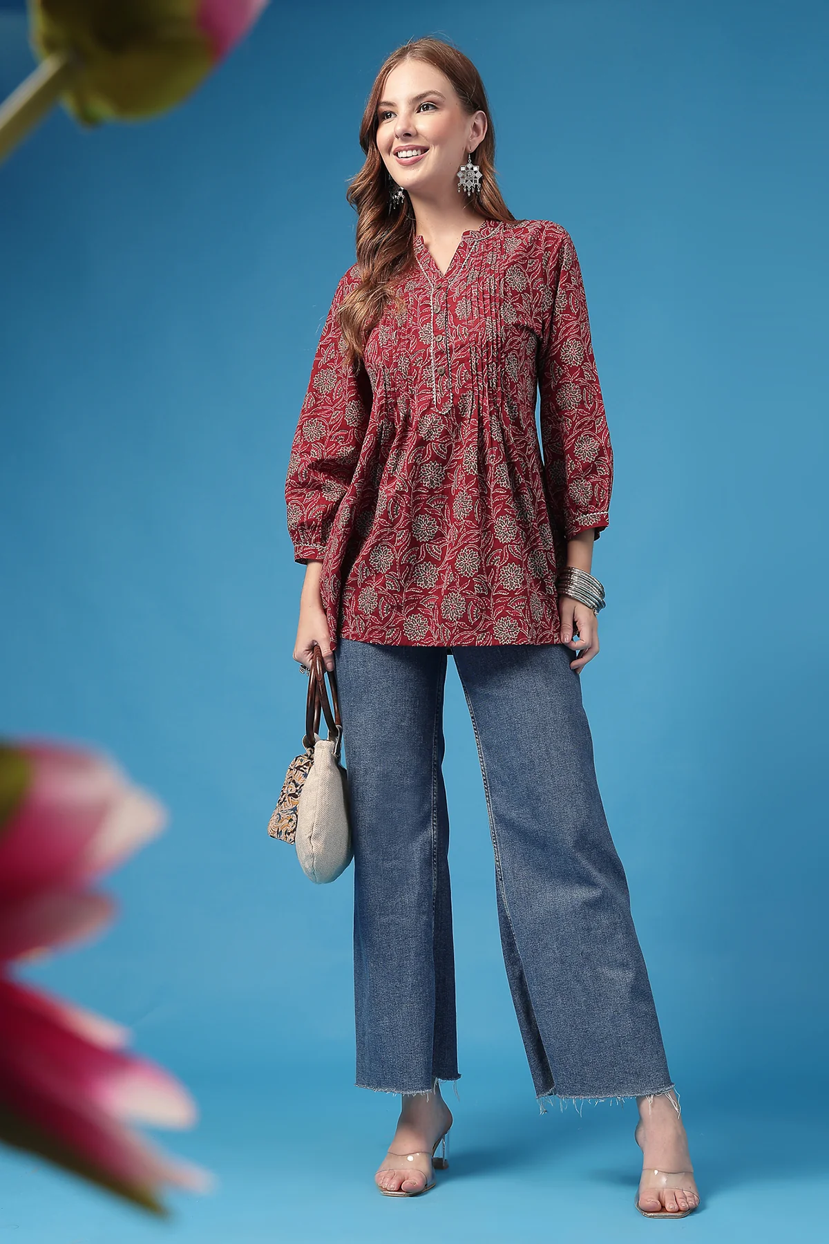 All Over Printed Zipless Feeding Pleated Top - Burgundy - Image 8