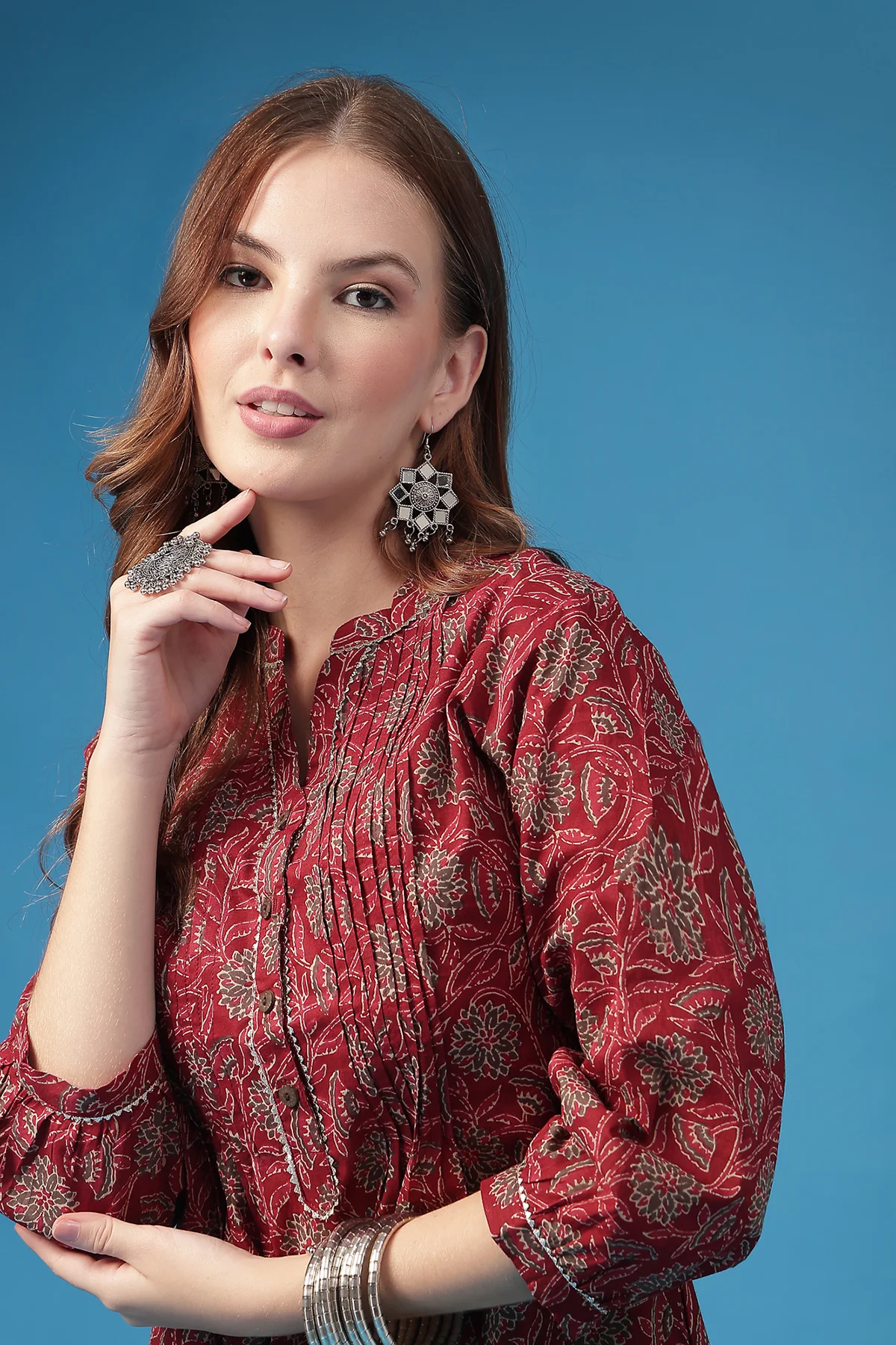 All Over Printed Zipless Feeding Pleated Top - Burgundy - Image 9
