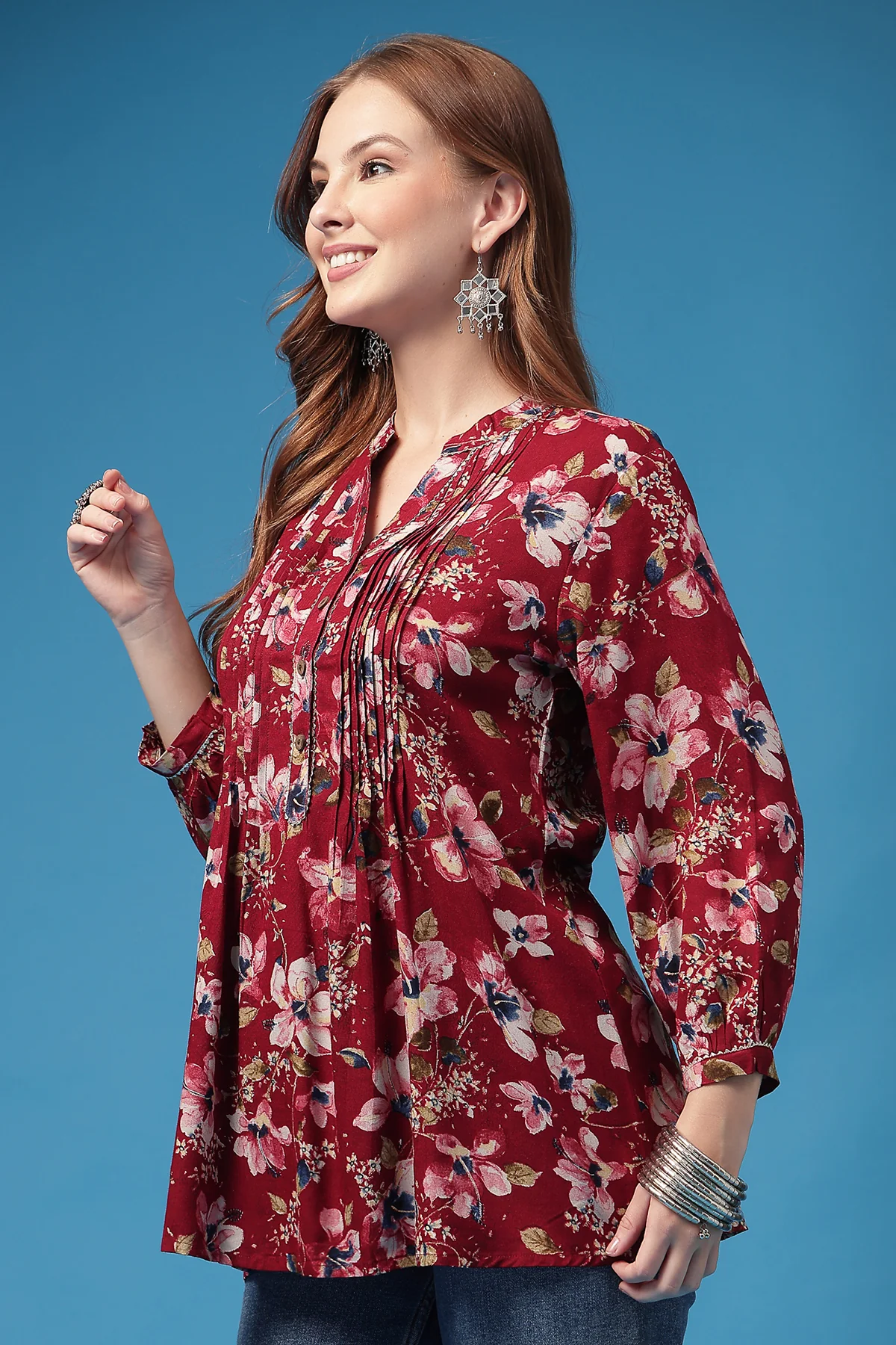 All Over Printed Zipless Feeding Pleated Top - Dark Maroon - Image 6