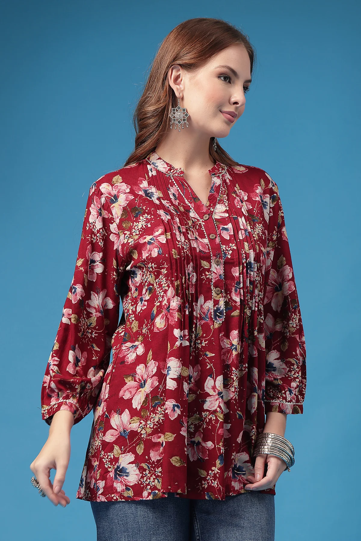 All Over Printed Zipless Feeding Pleated Top - Dark Maroon - Image 8