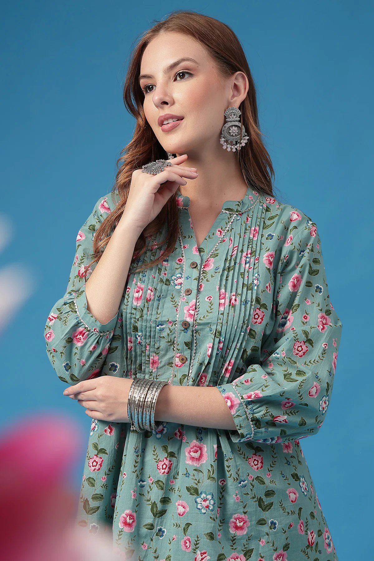 All Over Printed Zipless Feeding Pleated Top - Light Green - Image 10