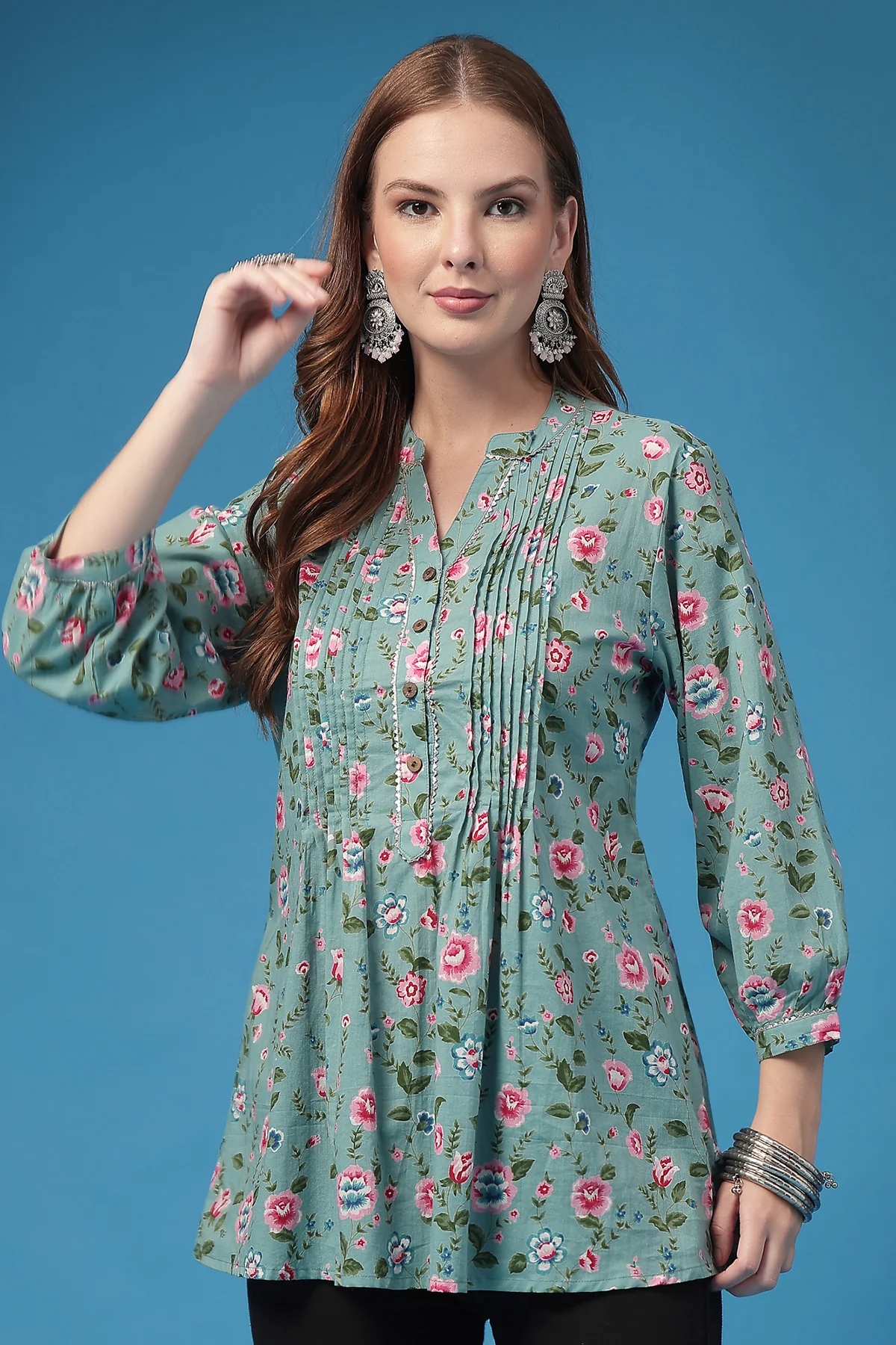 All Over Printed Zipless Feeding Pleated Top - Light Green - Image 5