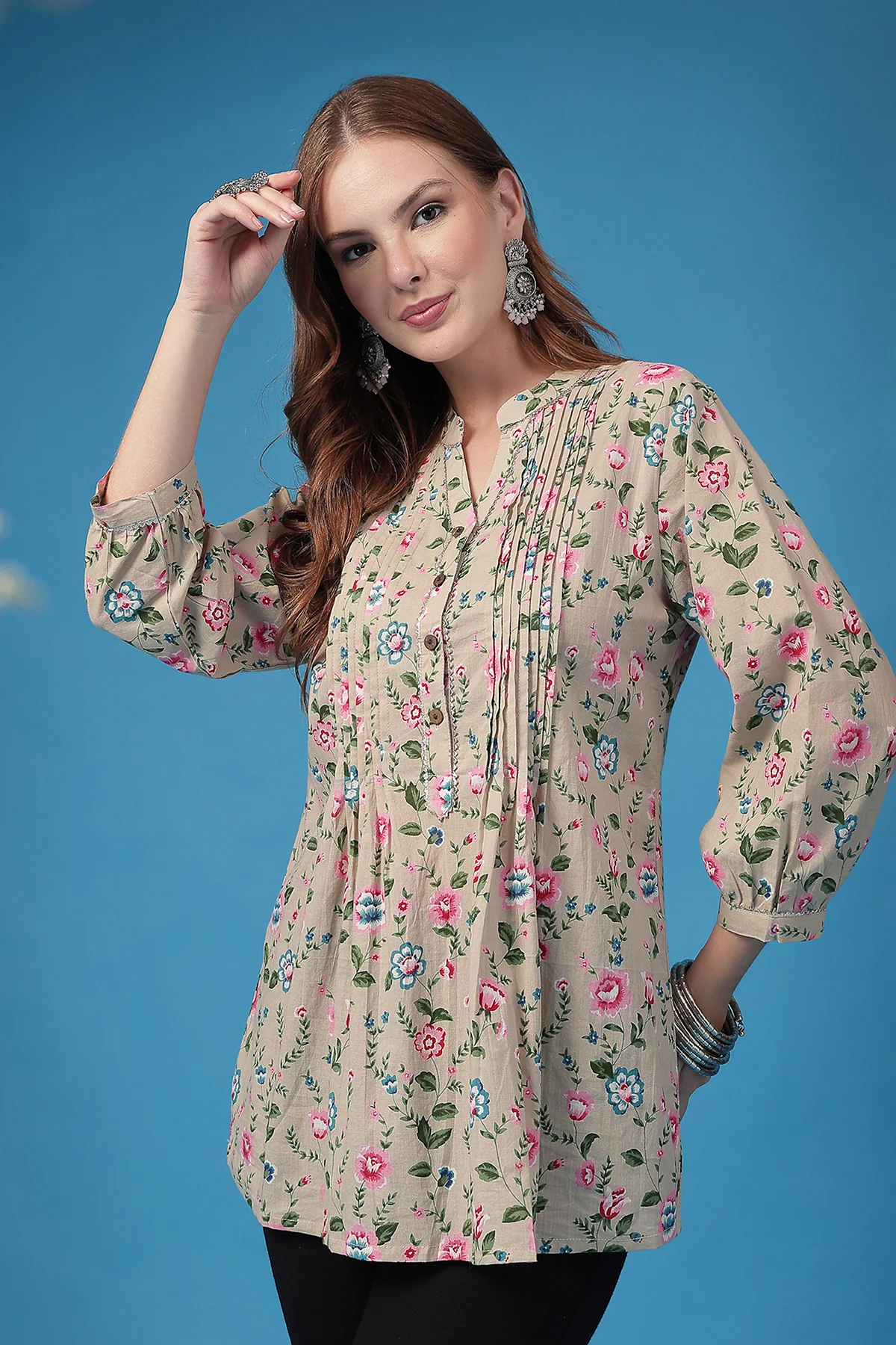 All Over Printed Zipless Feeding Pleated Top - Light Pink - Image 10