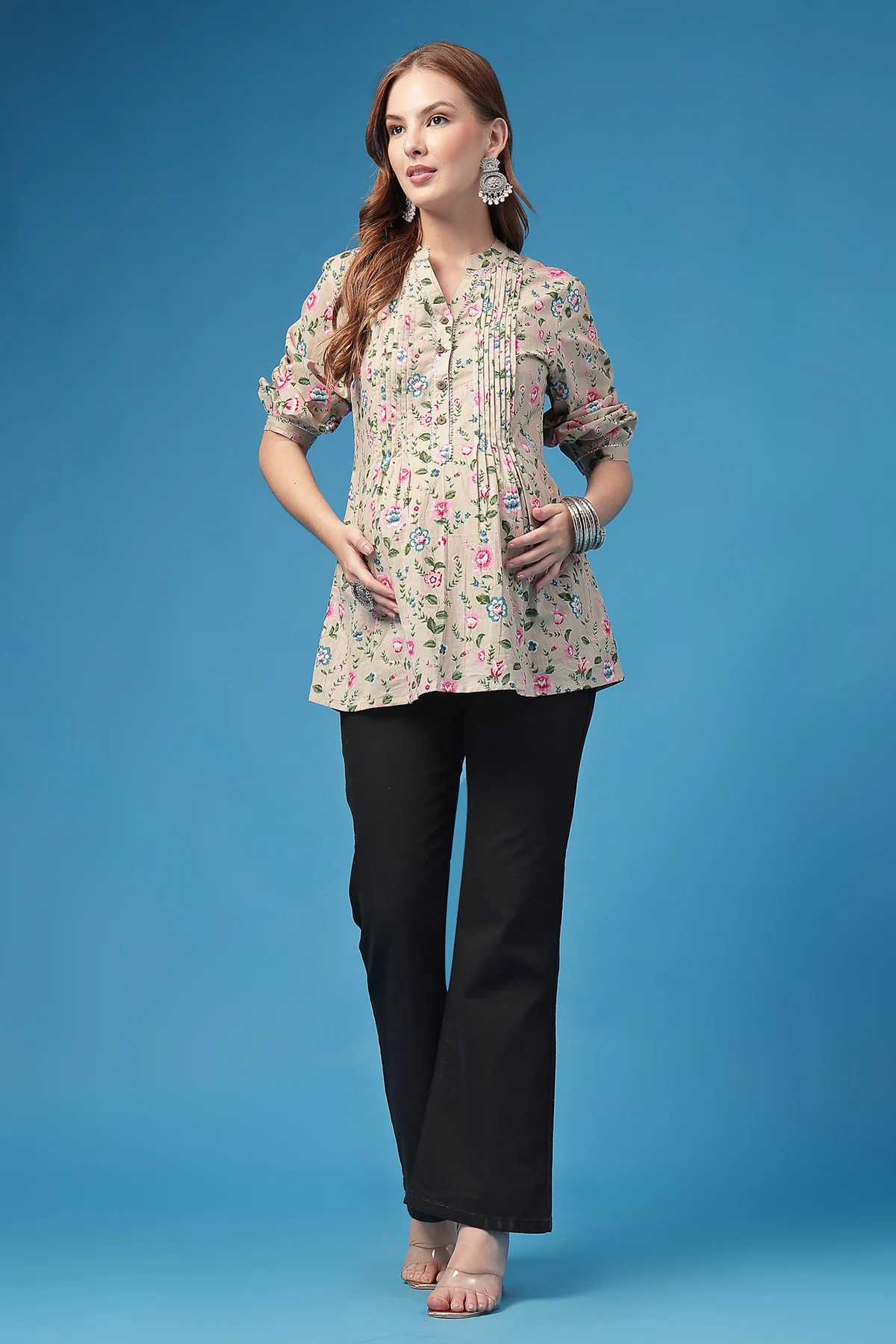 All Over Printed Zipless Feeding Pleated Top - Light Pink - Image 4