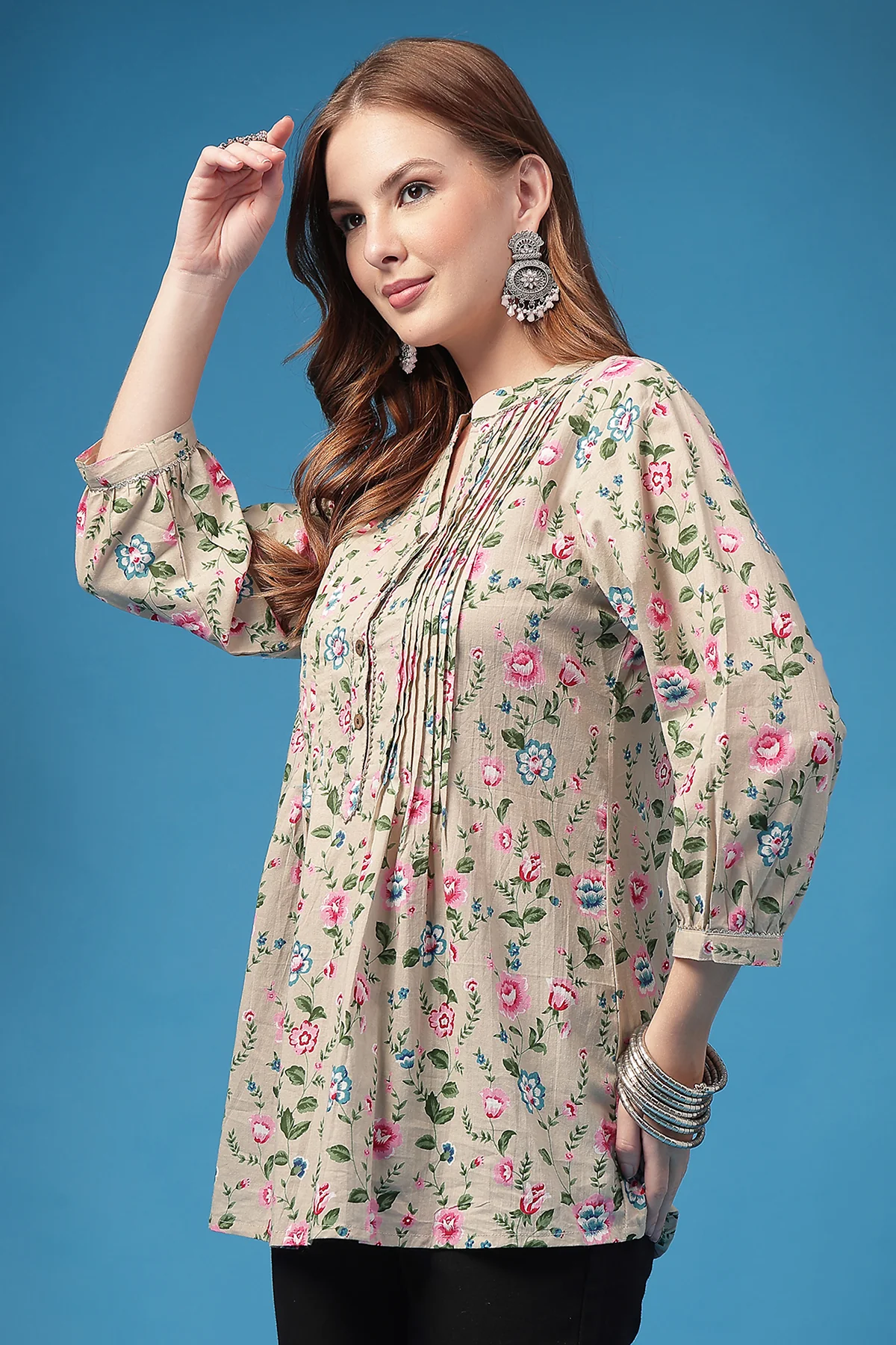 All Over Printed Zipless Feeding Pleated Top - Light Pink - Image 5