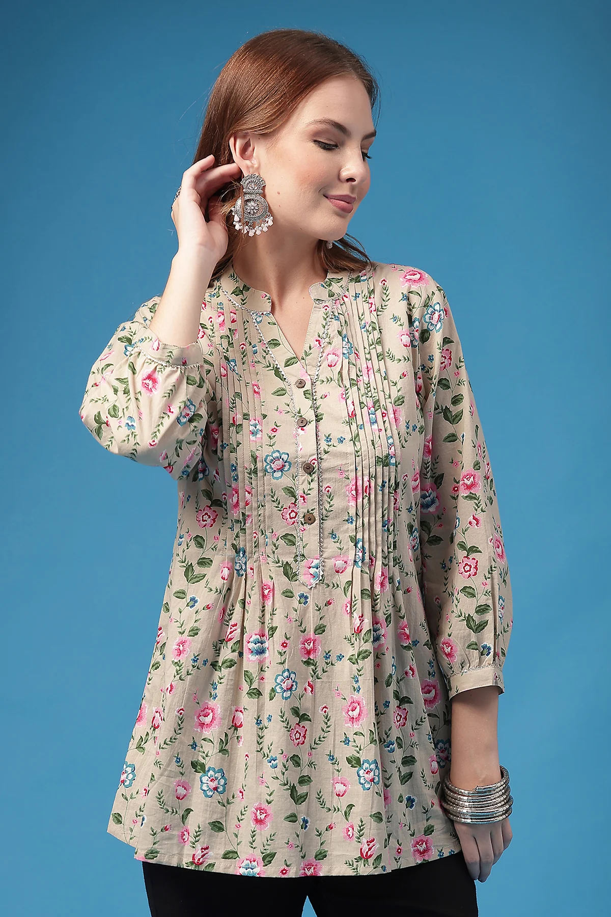 All Over Printed Zipless Feeding Pleated Top - Light Pink - Image 6