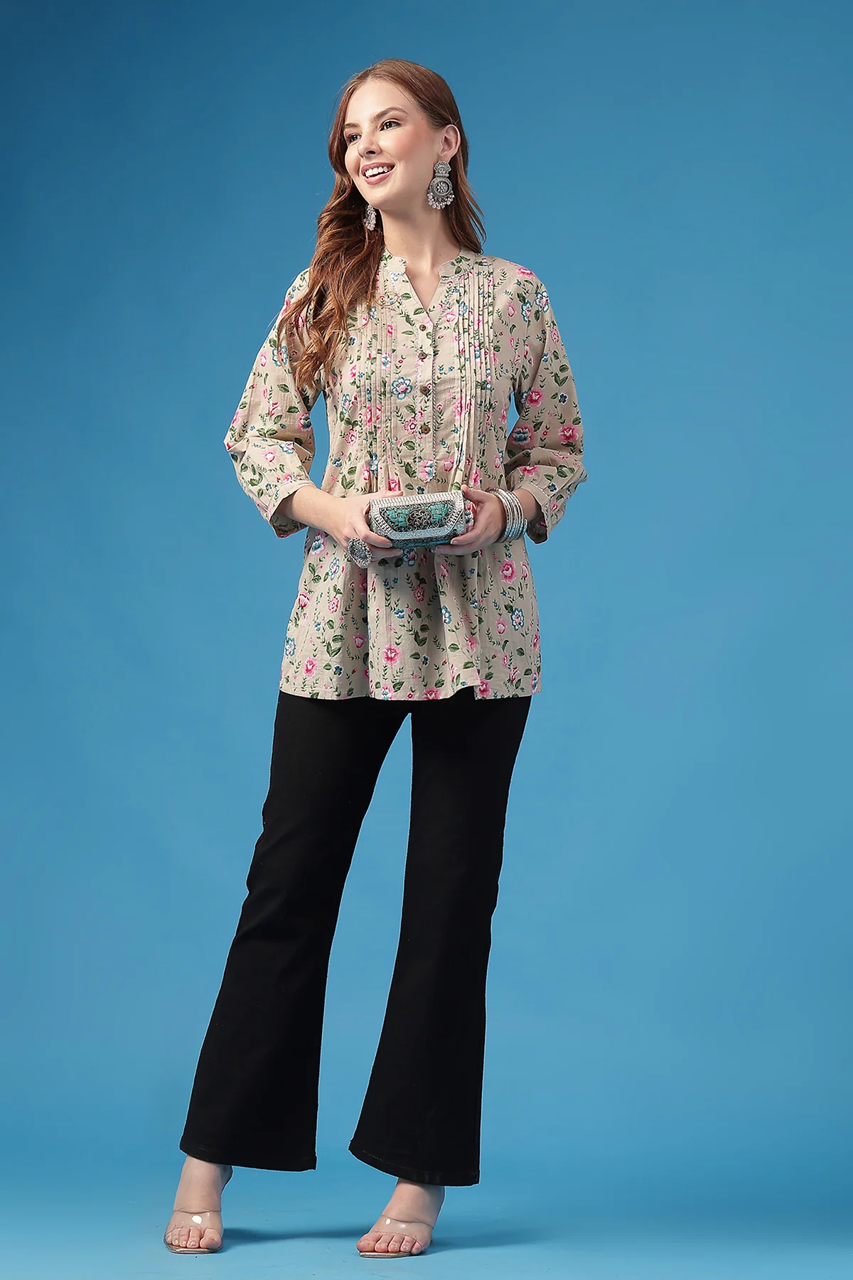 All Over Printed Zipless Feeding Pleated Top - Light Pink - Image 8