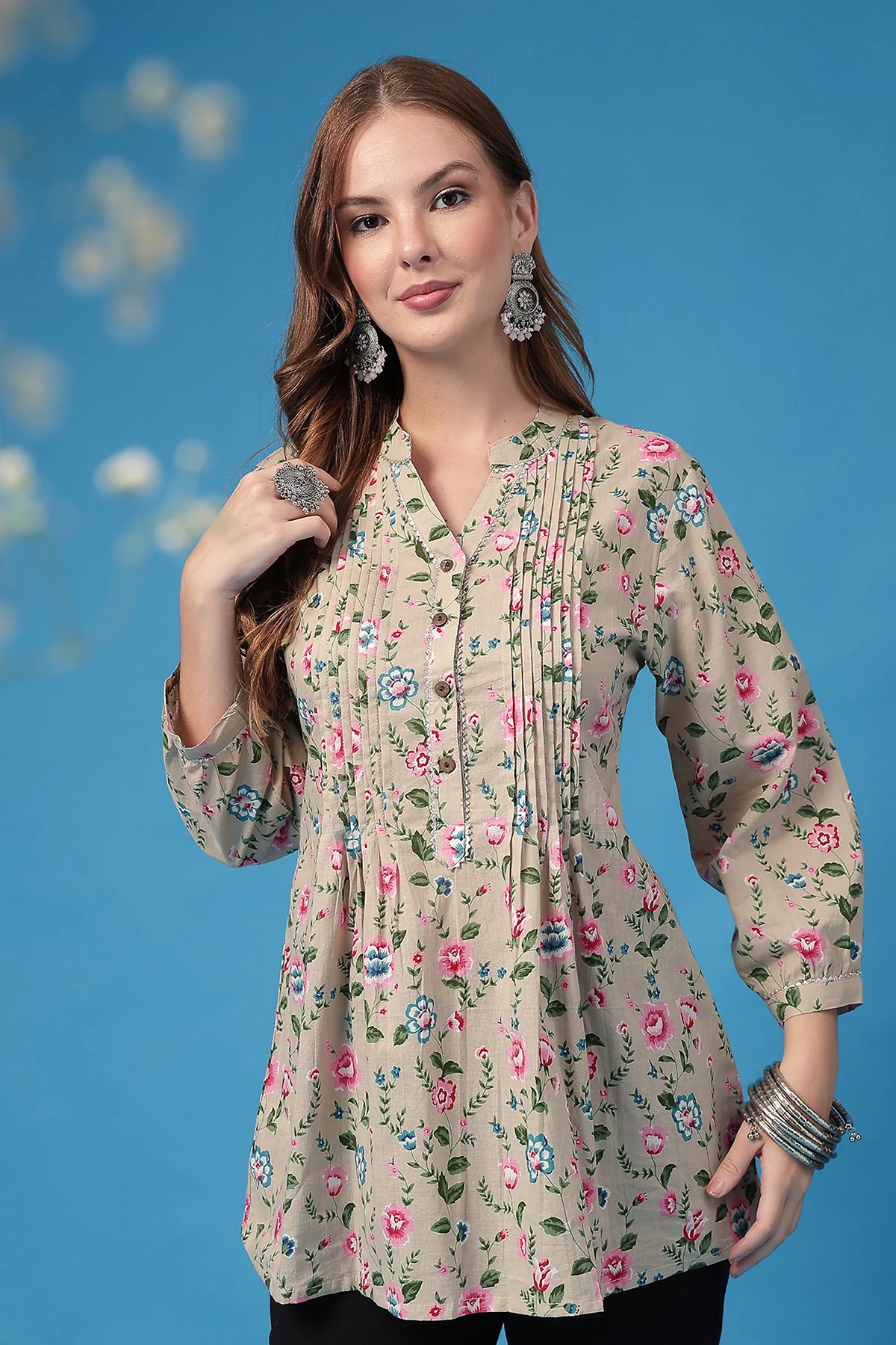All Over Printed Zipless Feeding Pleated Top - Light Pink - Image 9