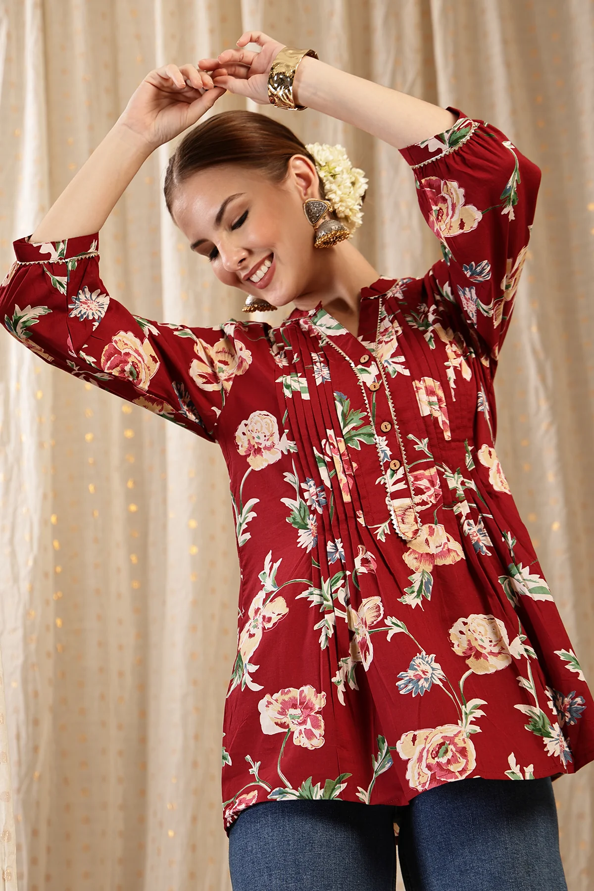 All Over Printed Zipless Feeding Pleated Top - Maroon - Image 11