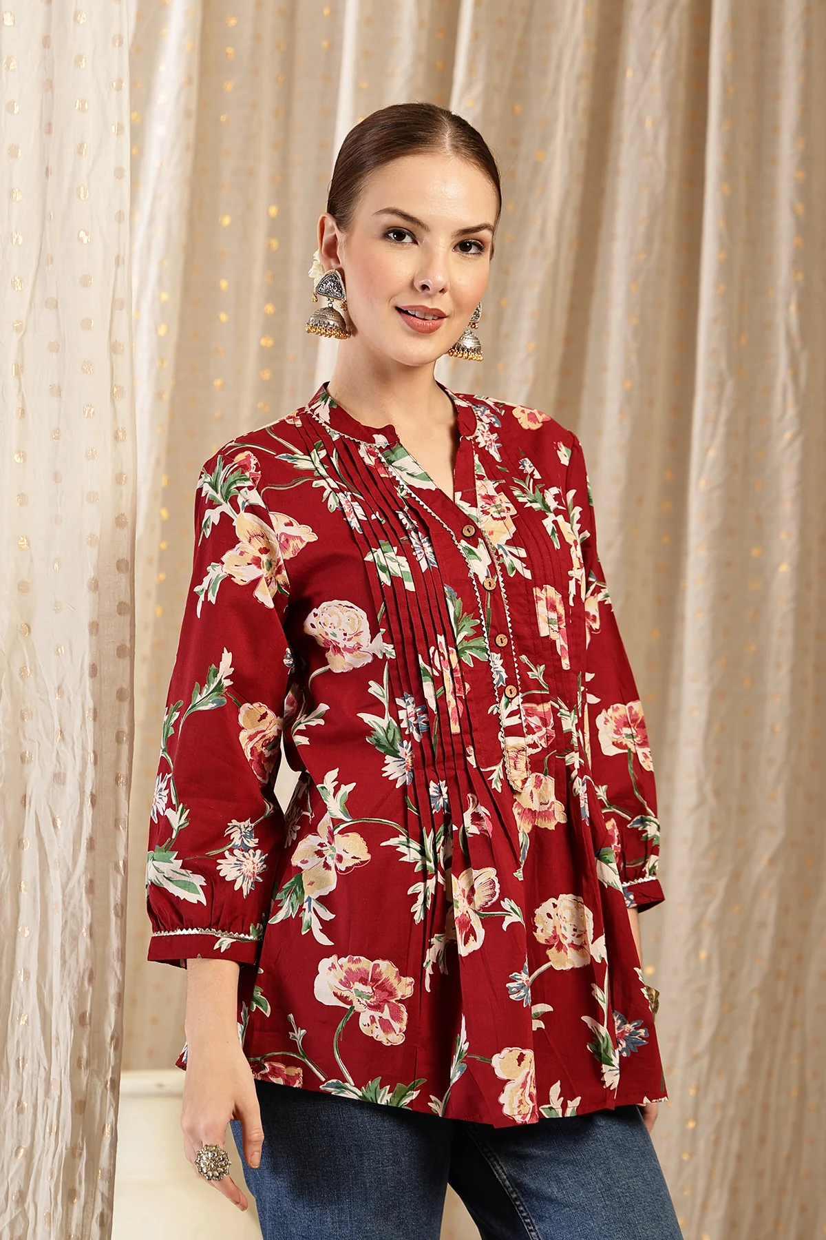 All Over Printed Zipless Feeding Pleated Top - Maroon - Image 2