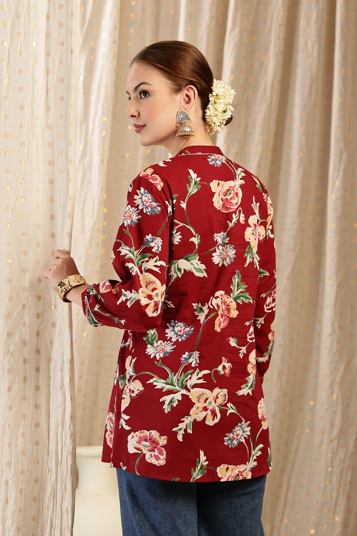All Over Printed Zipless Feeding Pleated Top - Maroon - Image 3